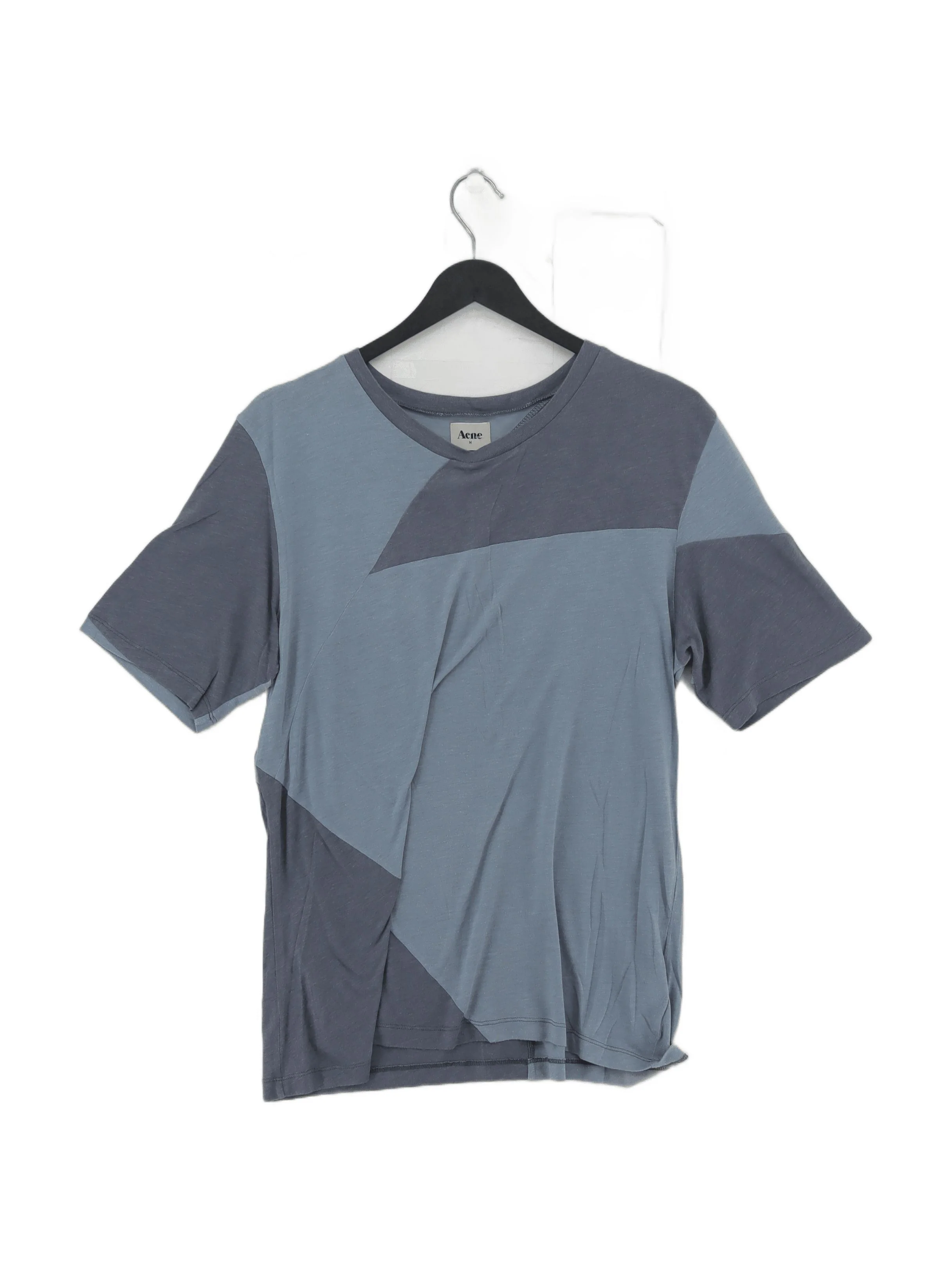 Acne Men's T-Shirt M Blue Geometric Cotton with Polyester Basic