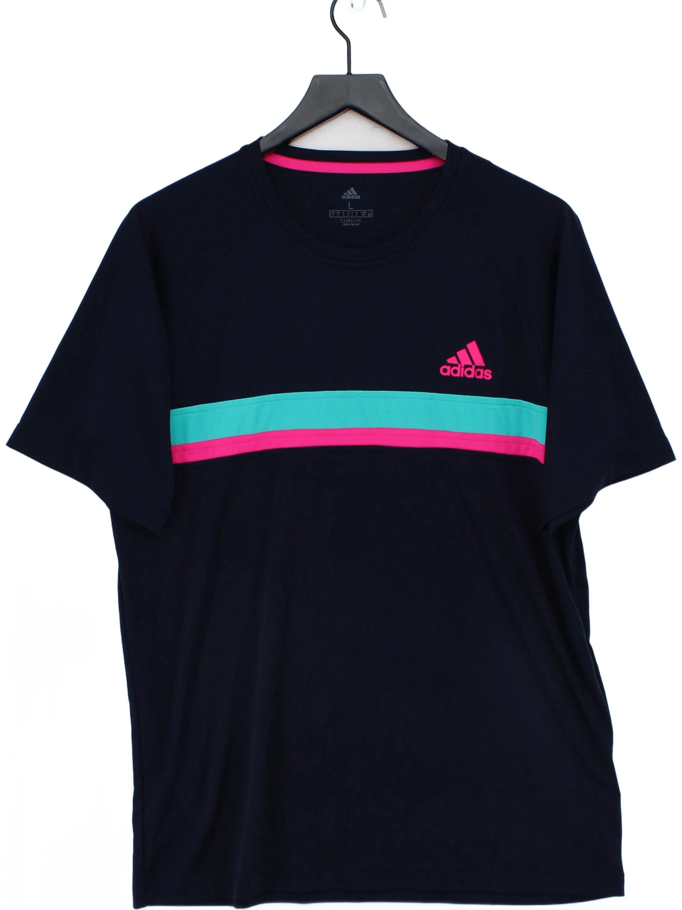 Adidas Men's T-Shirt L Blue Striped 100% Polyester Round Neck Basic