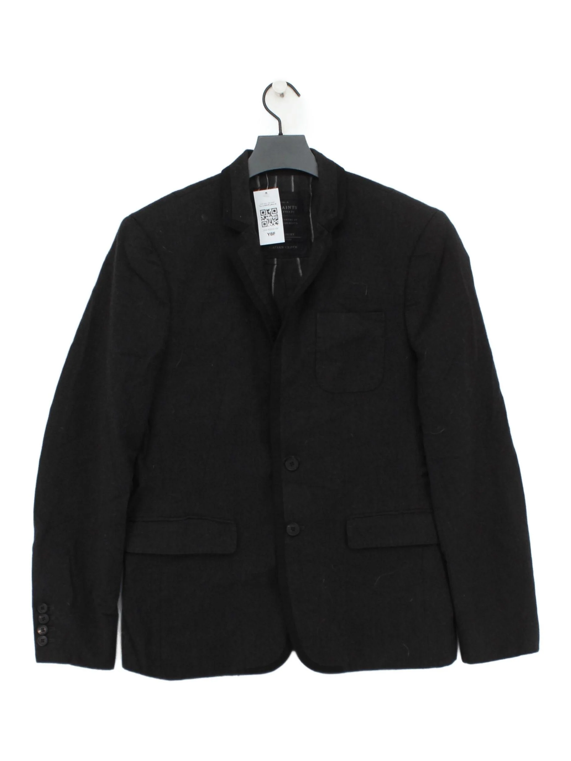AllSaints Men's Blazer Chest: 38 in Black Wool with Cotton, Acetate Overcoat