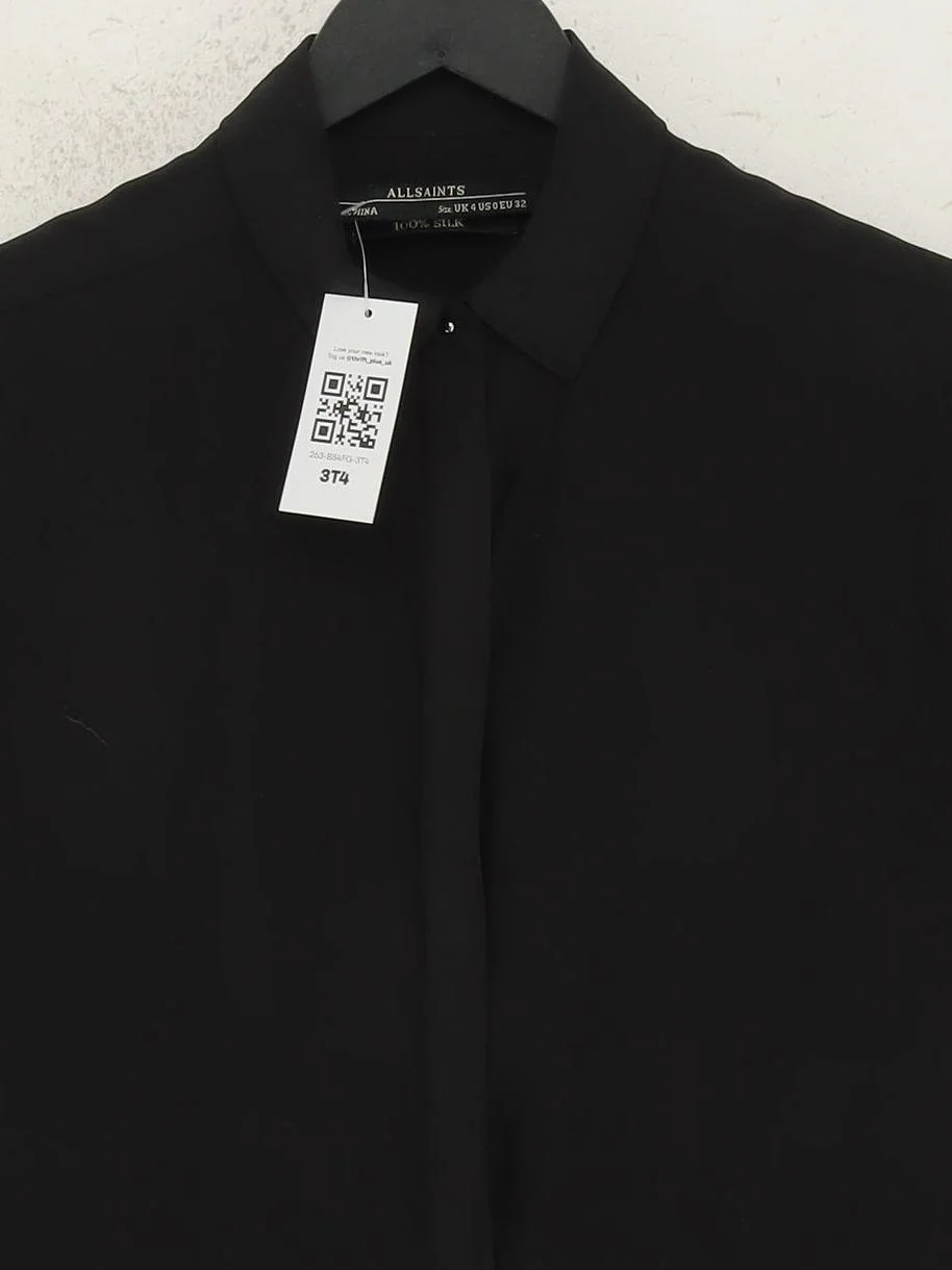 AllSaints Women's Blouse XXS Black 100% Silk Short Sleeve Collared Basic - Image 3