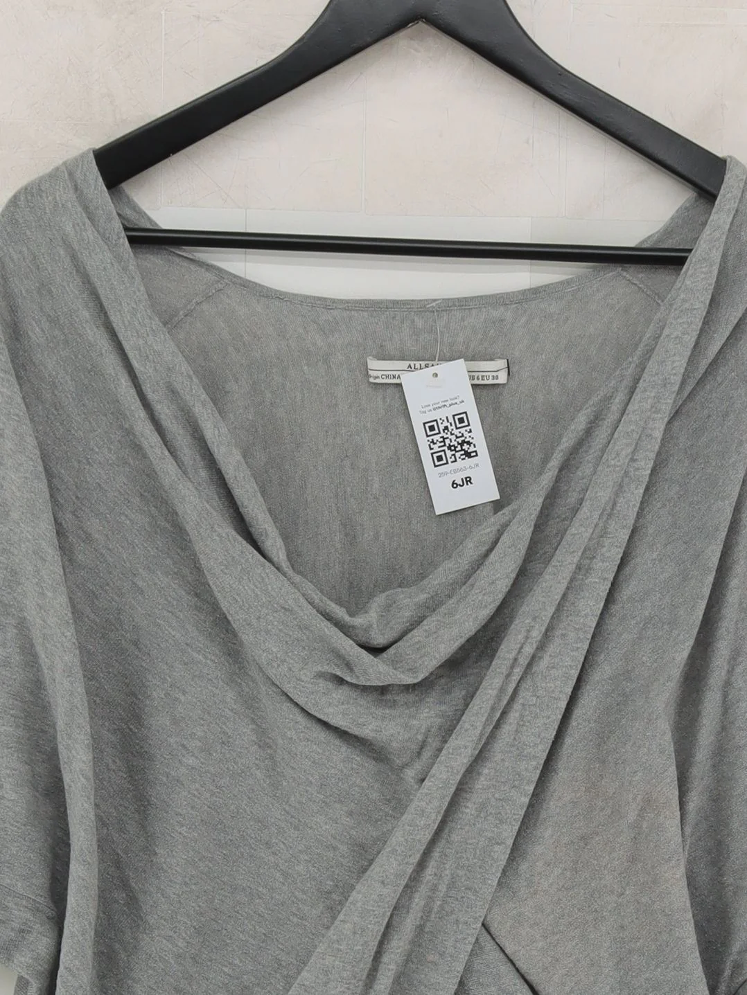 AllSaints Women's Top M Grey 100% Cotton Long Sleeve V-Neck Basic - Image 3