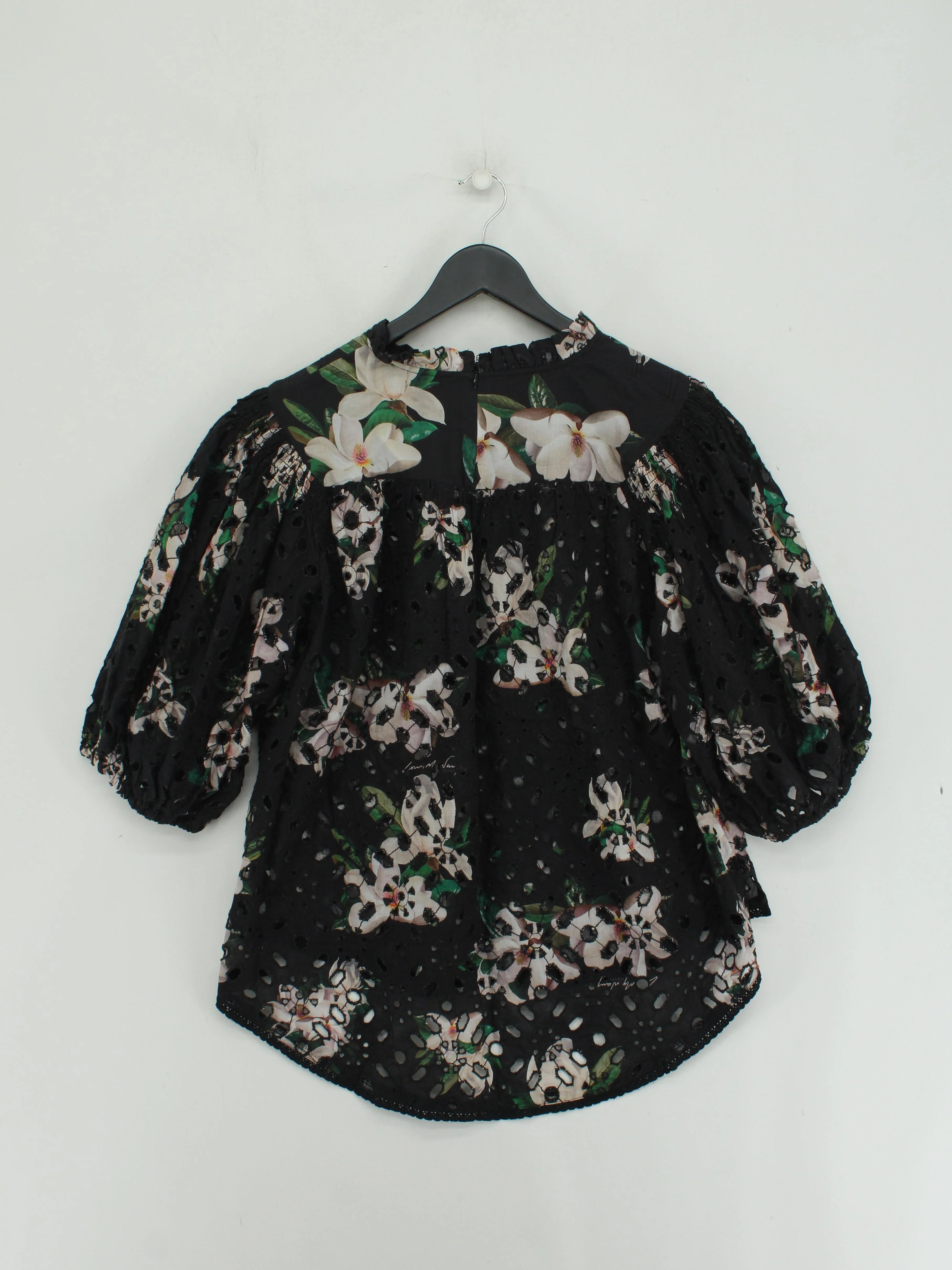 AllSaints Women's Top XL Black Floral 100% Cotton 3/4 Sleeve High Neck Basic - Image 2