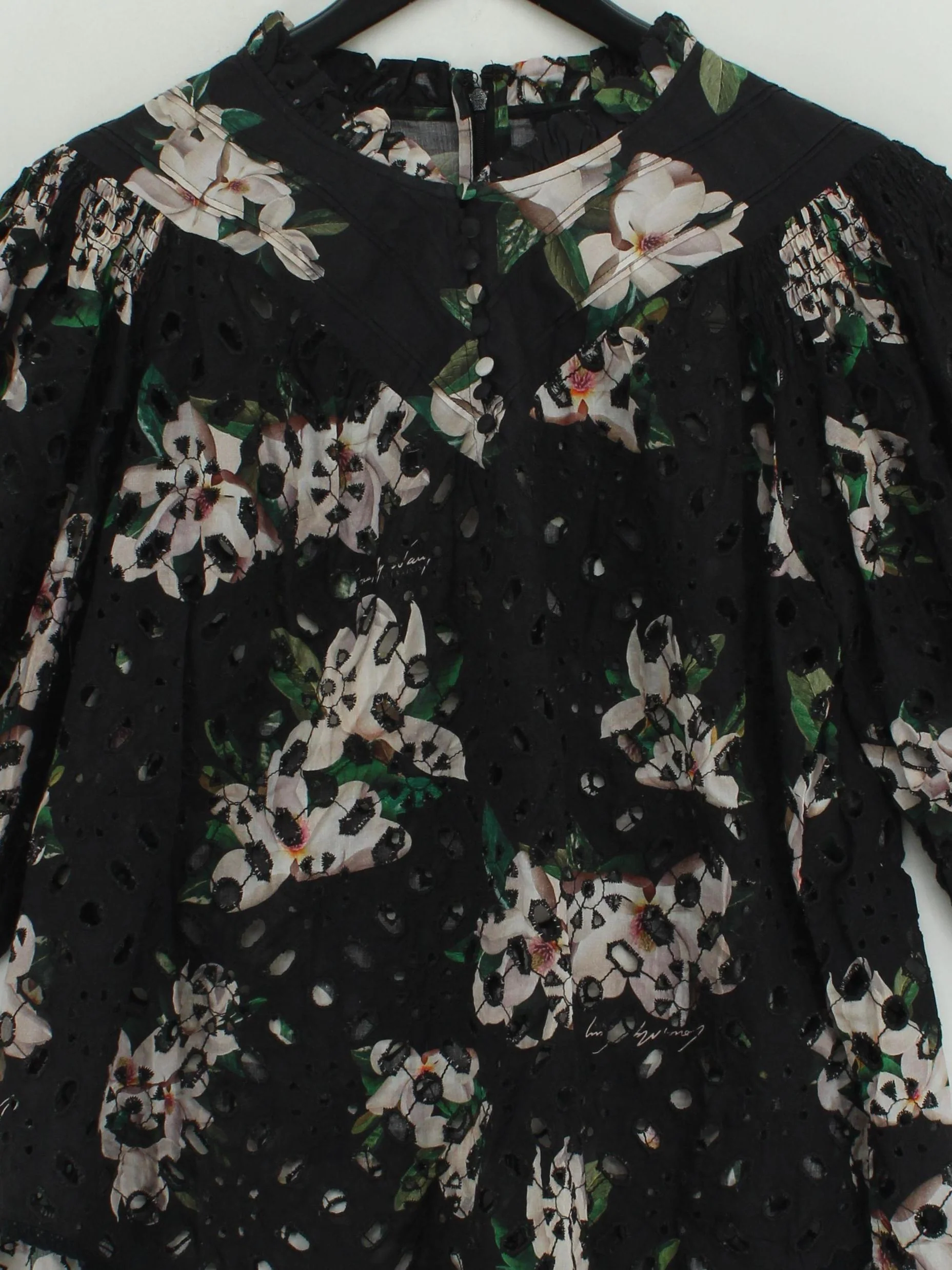 AllSaints Women's Top XL Black Floral 100% Cotton 3/4 Sleeve High Neck Basic - Image 3