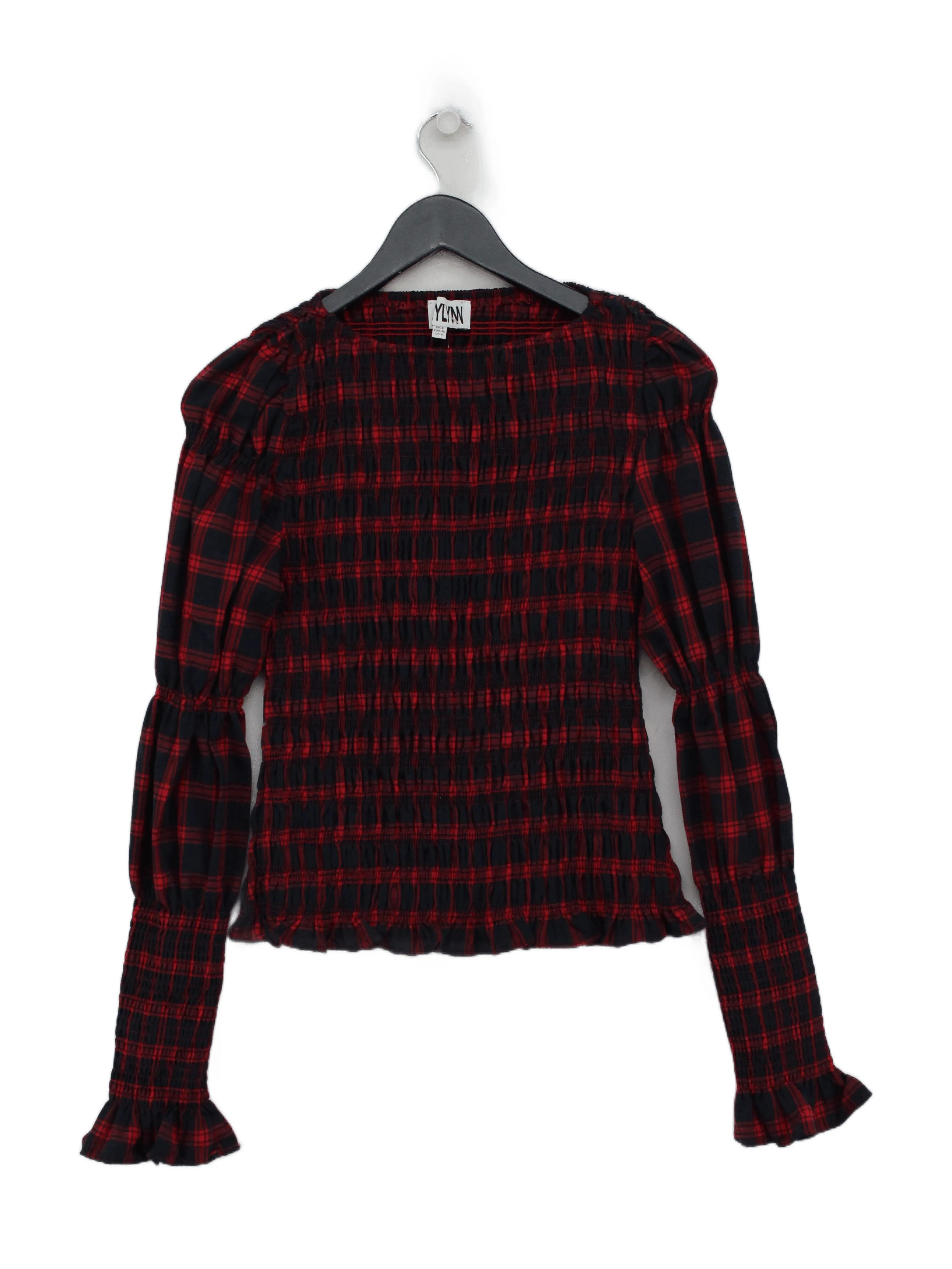 Amy Lynn Women's Top S Red Checkered 100% Cotton Long Sleeve V-Neck Basic