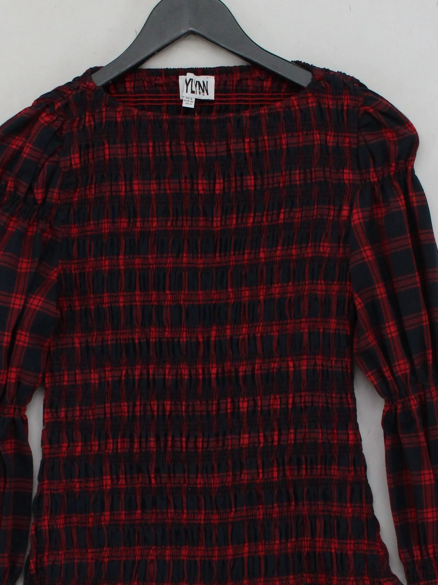 Amy Lynn Women's Top S Red Checkered 100% Cotton Long Sleeve V-Neck Basic - Image 3