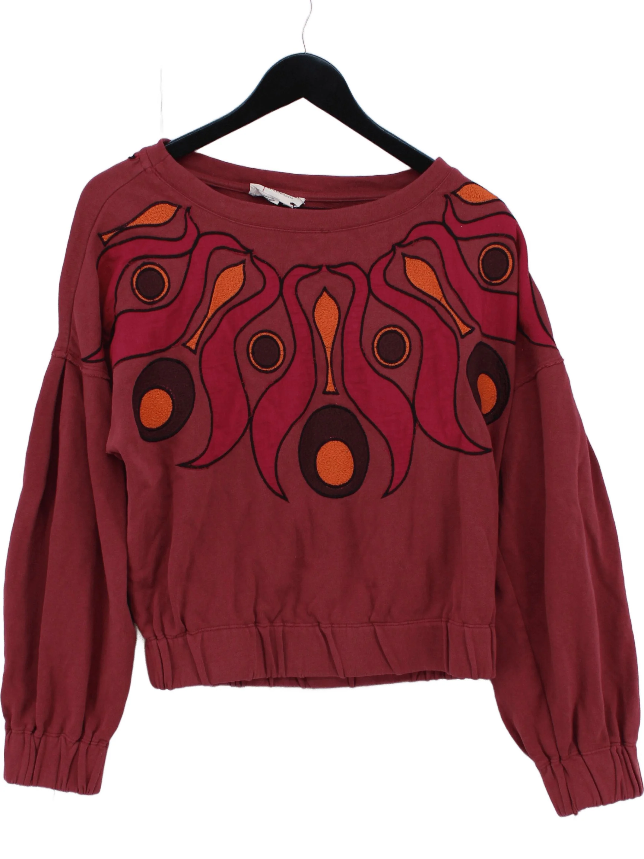 Anthropologie Women's Hoodie S Red Graphic Cotton with Polyester Pullover