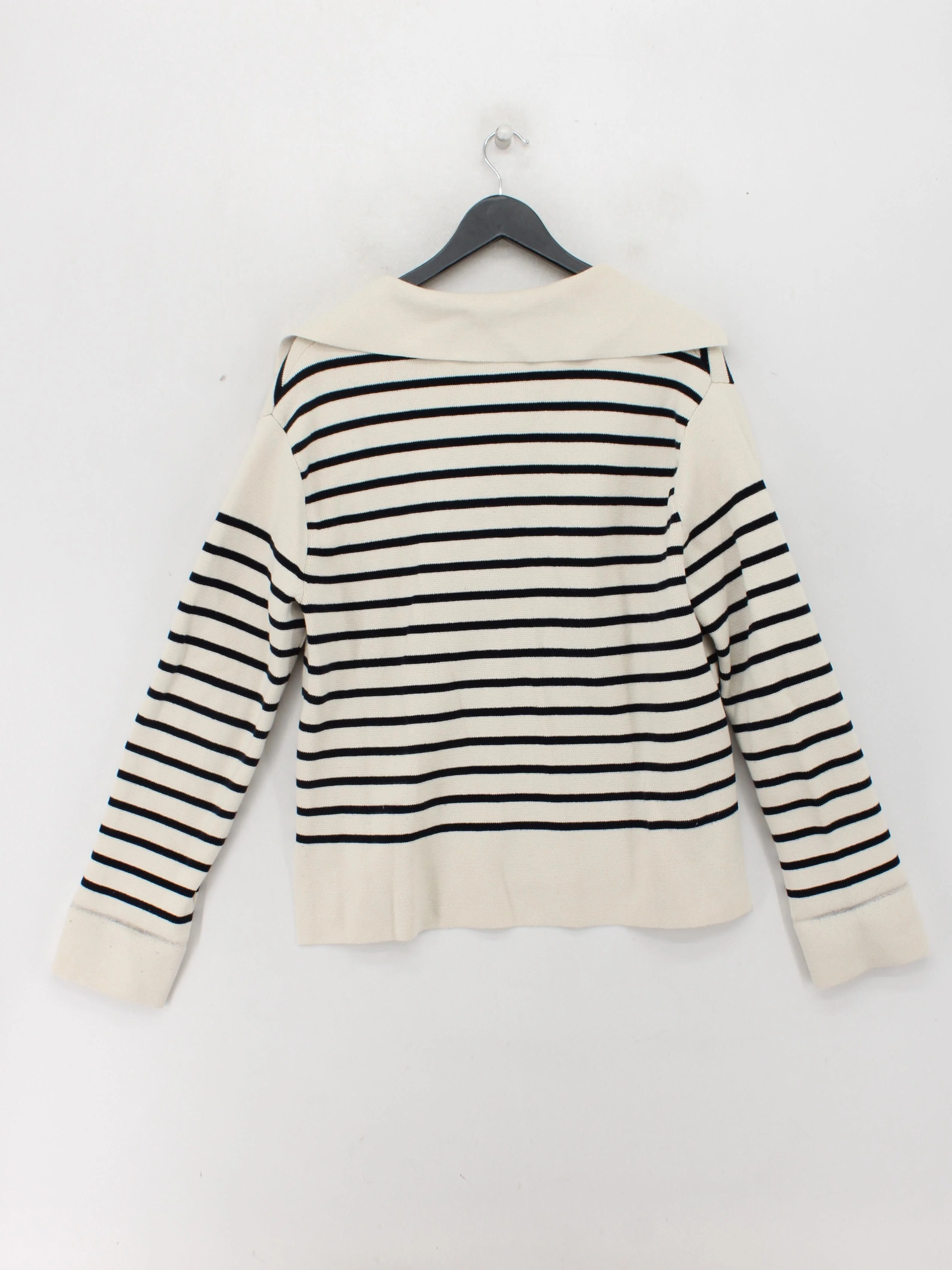 Arket Women's Jumper M Cream Striped 100% Cotton V-Neck Pullover - Image 2