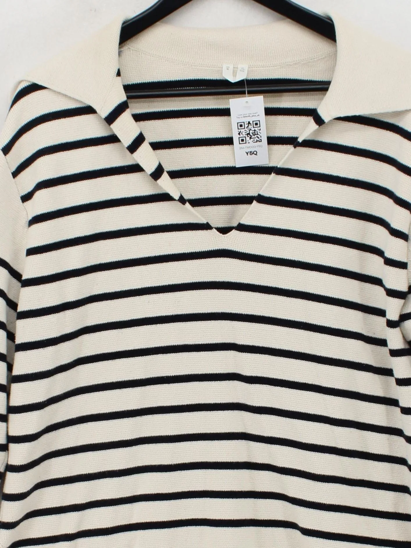Arket Women's Jumper M Cream Striped 100% Cotton V-Neck Pullover - Image 3