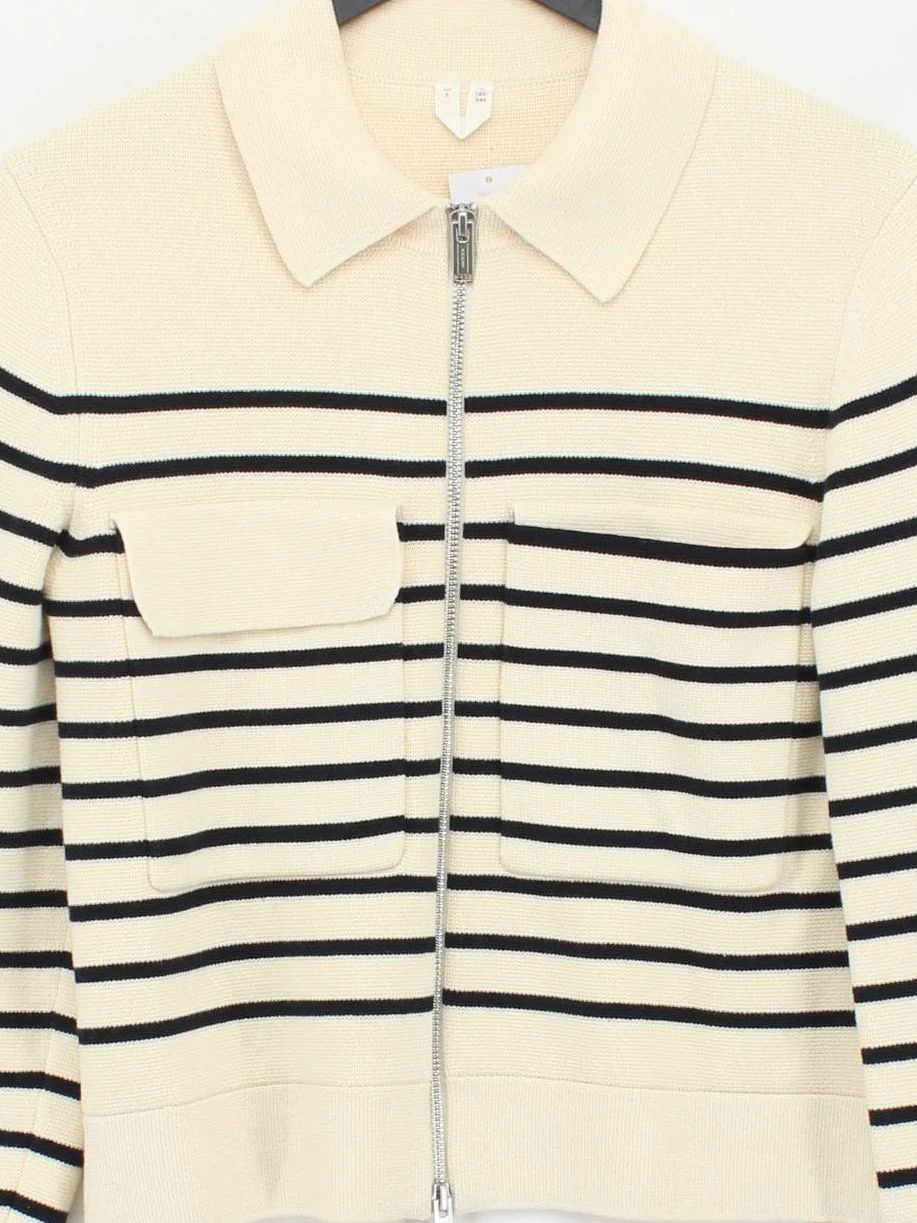 Arket Women's Jumper S Cream Striped 100% Cotton Collared Pullover - Image 3