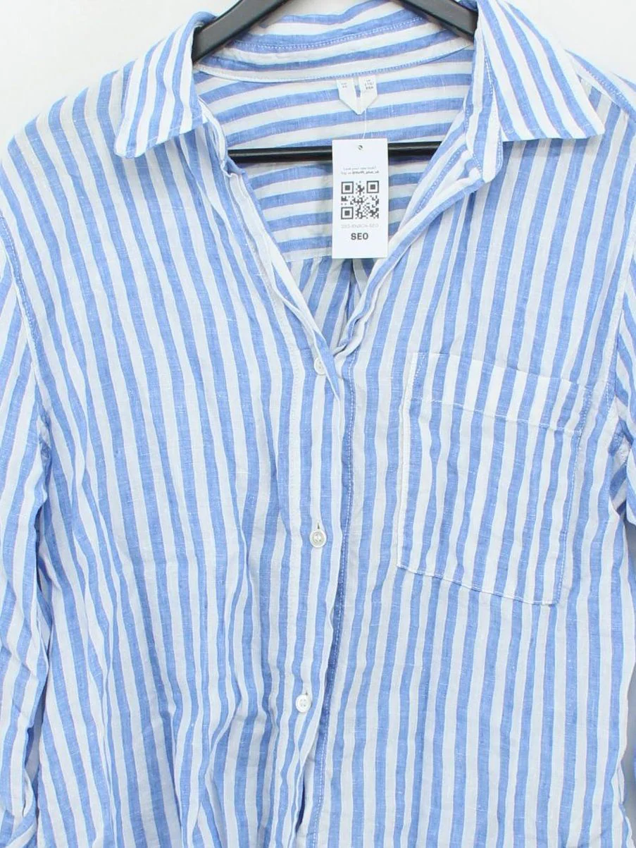 Arket Women's Shirt UK 14 Blue Striped 100% Linen Long Sleeve Collared Basic - Image 3