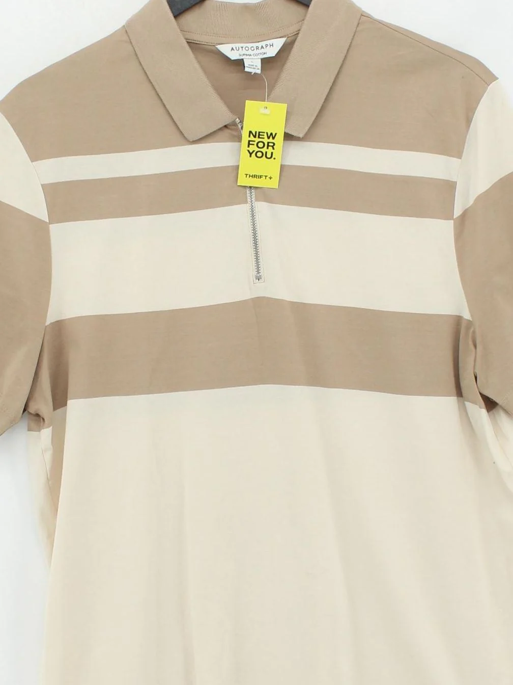Autograph Men's Polo L Cream Striped 100% Cotton Basic - Image 3