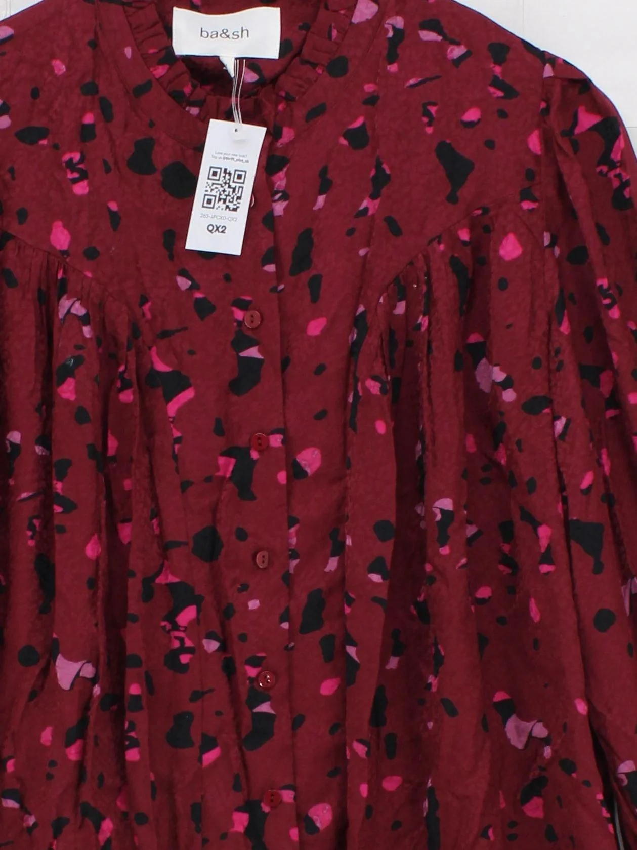 Ba&sh Women's Blouse S Red Graphic 100% Viscose Long Sleeve High Neck Basic - Image 3