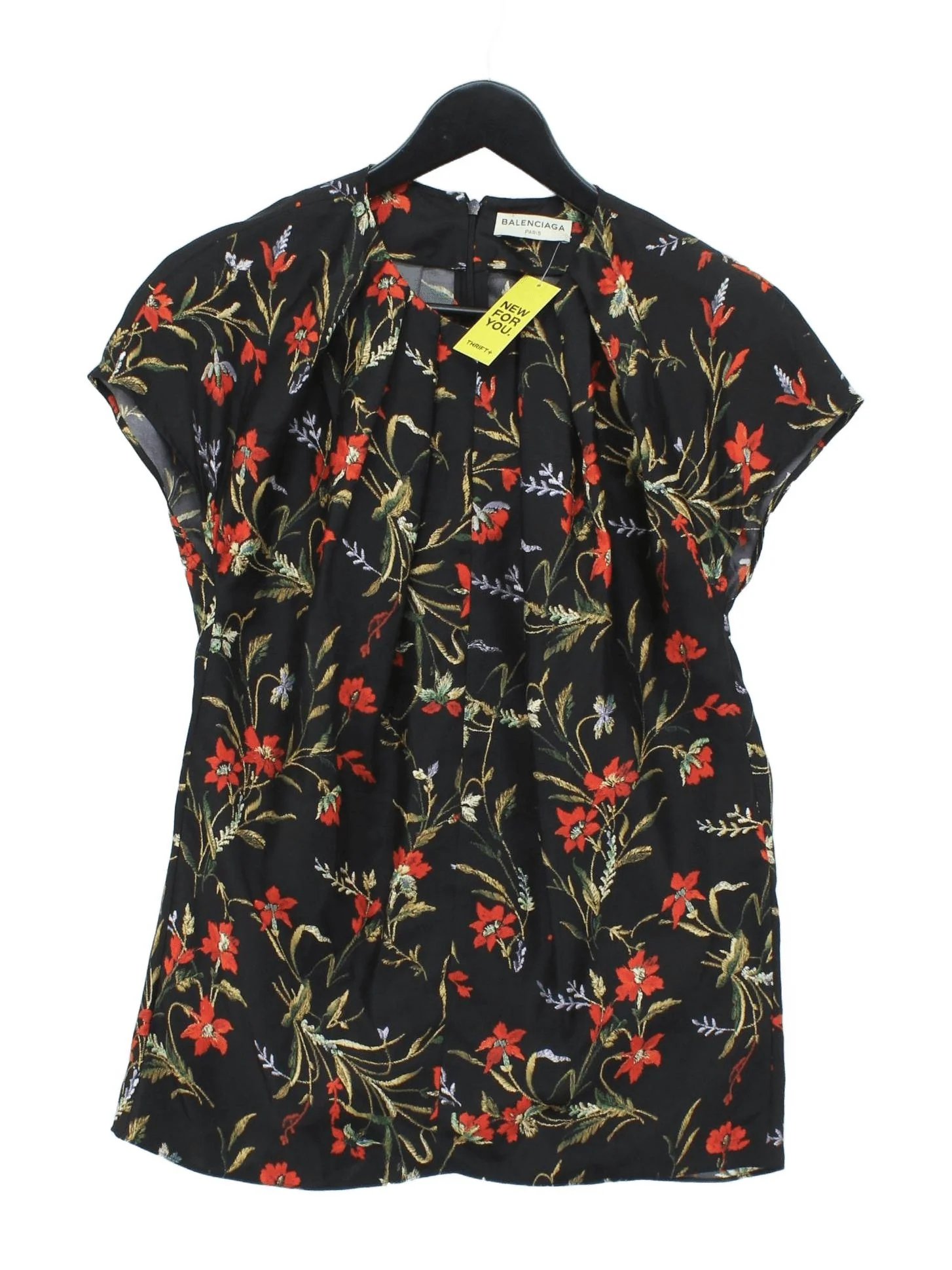 Balenciaga Women's Top S Black Floral 100% Silk Short Sleeve Round Neck Basic