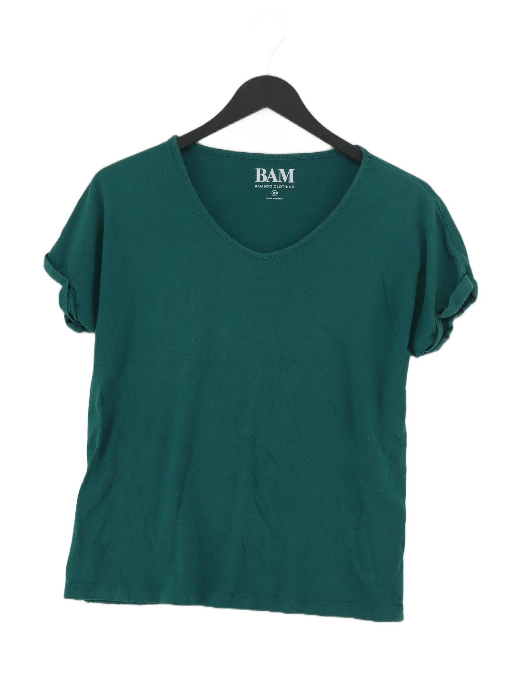 BAM Women's T-Shirt UK 10 Green Viscose with Cotton Short Sleeve V-Neck Basic