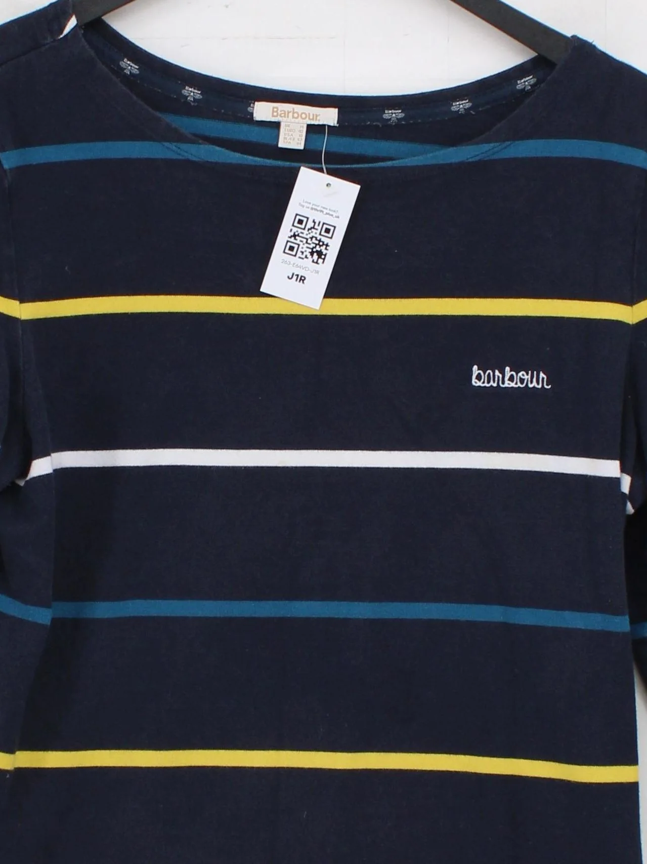 Barbour Women's Top UK 14 Blue Striped 100% Cotton Long Sleeve Round Neck Basic - Image 3