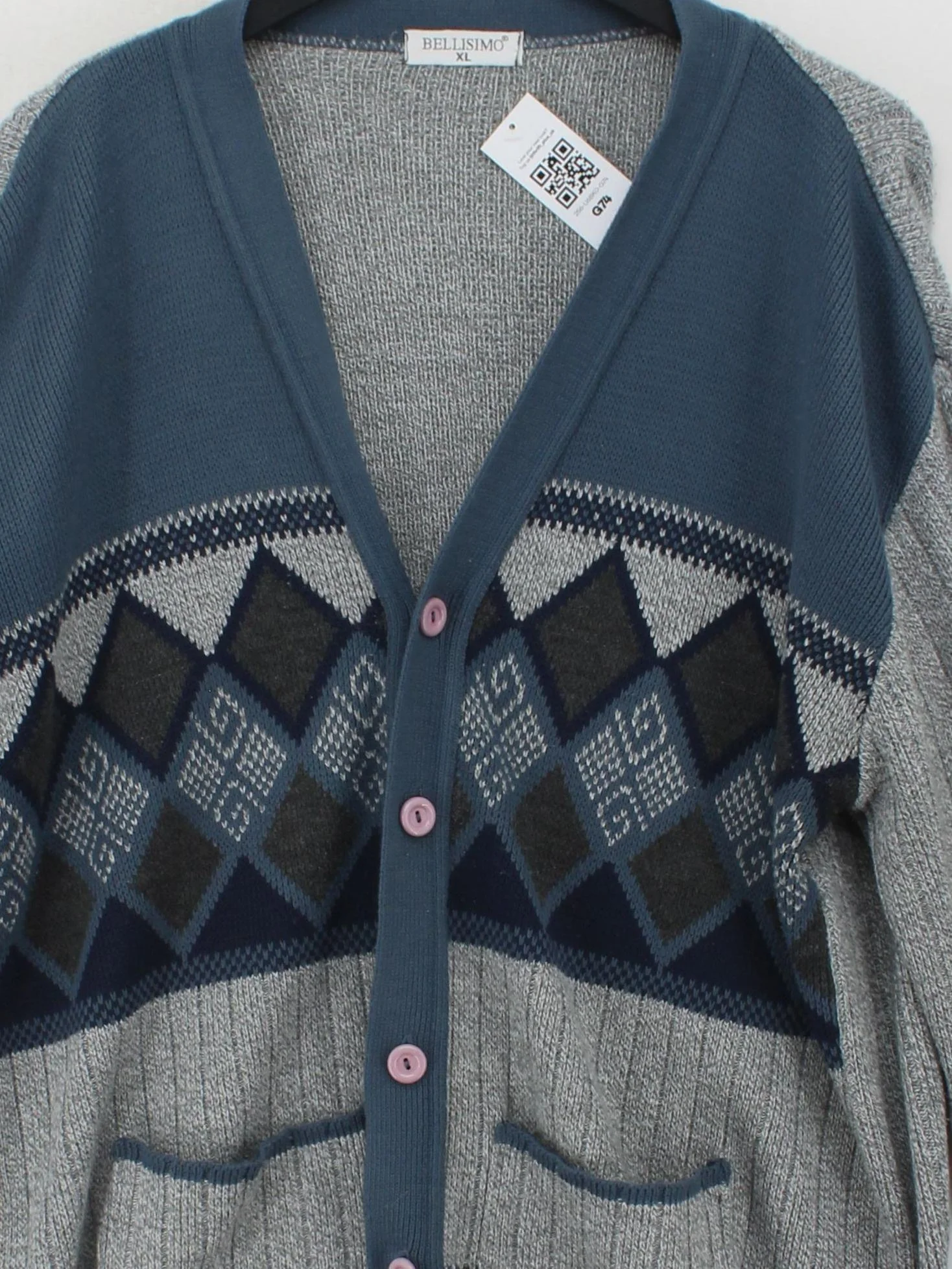 Bellissimo Men's Cardigan XL Grey Argyle 100% Acrylic V-Neck Cardigan - Image 3