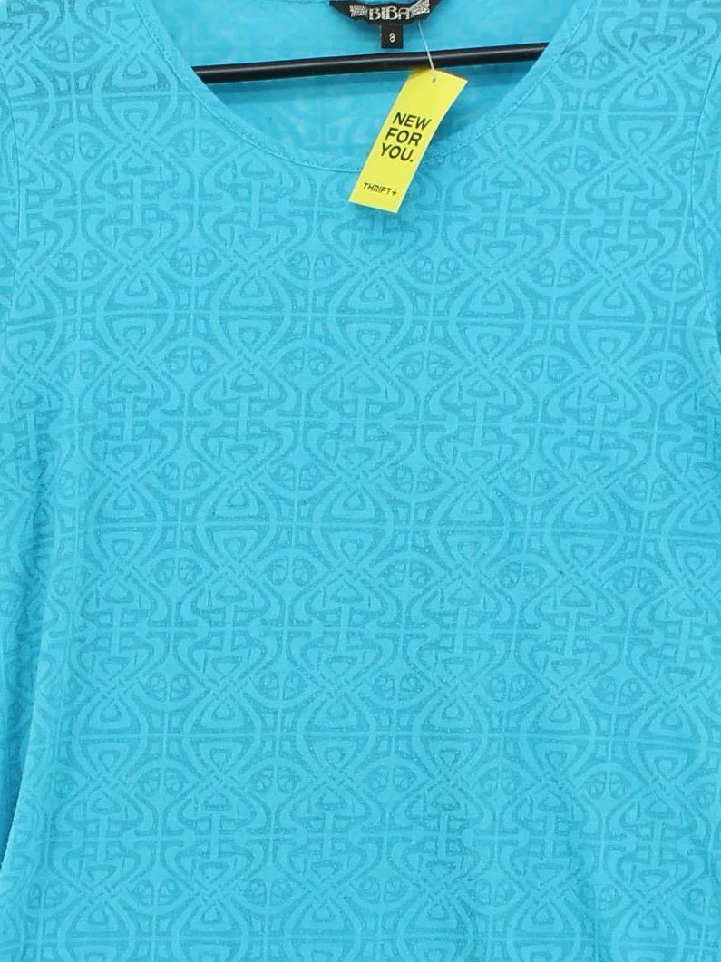 BIBA Women's T-Shirt UK 8 Blue Geometric 100% Other Short Sleeve V-Neck Basic - Image 3