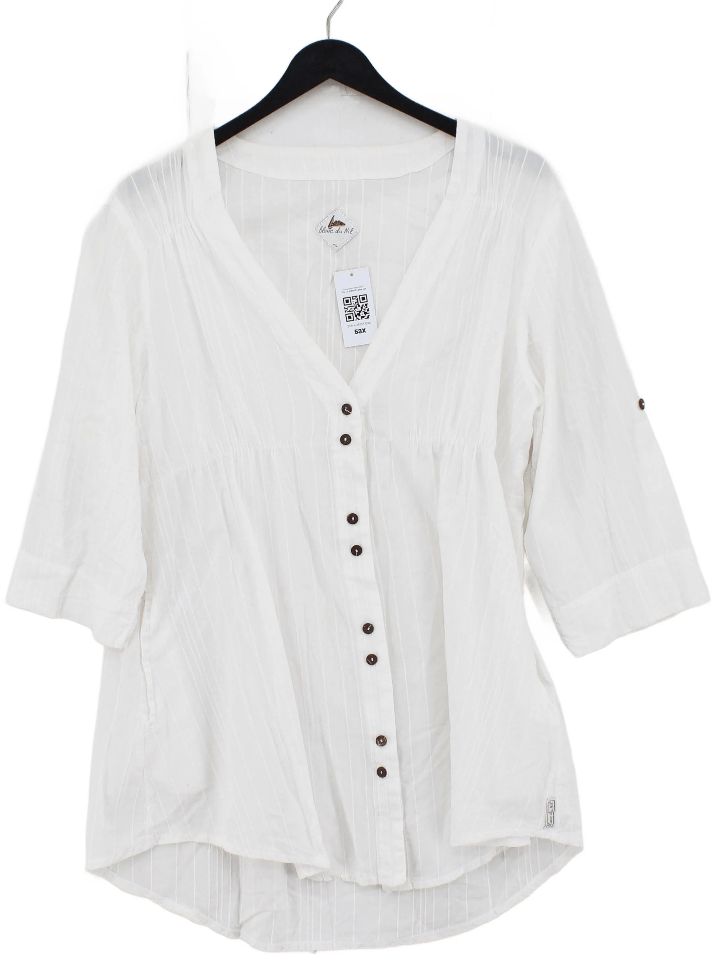 Blanc Du Nil Women's Blouse M White 100% Cotton 3/4 Sleeve V-Neck Basic