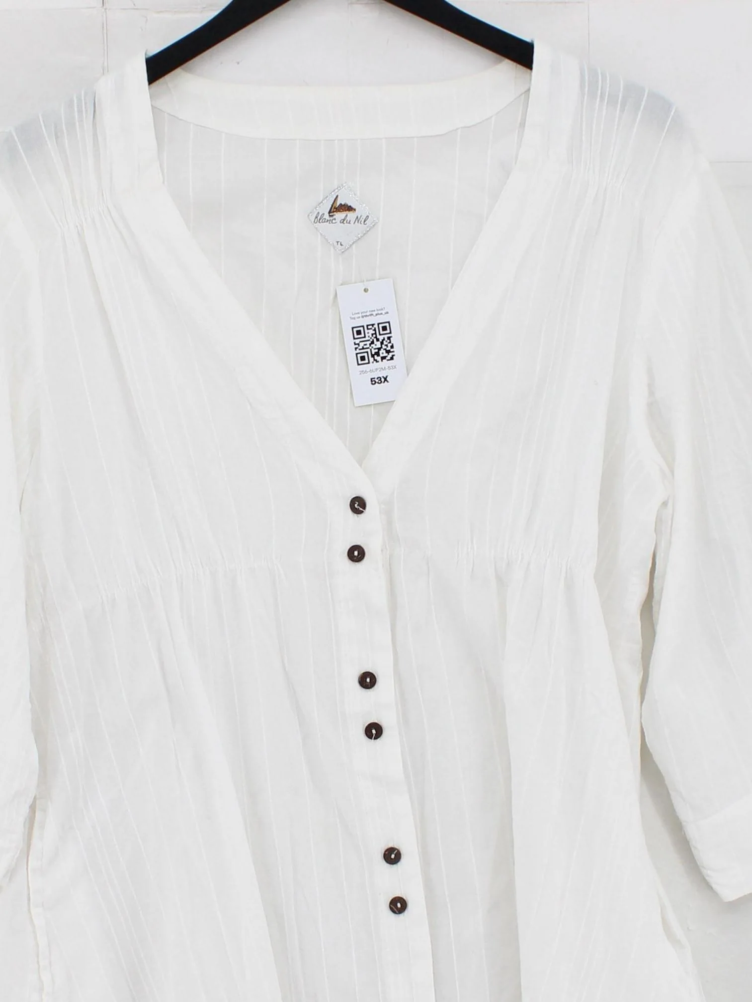 Blanc Du Nil Women's Blouse M White 100% Cotton 3/4 Sleeve V-Neck Basic - Image 3