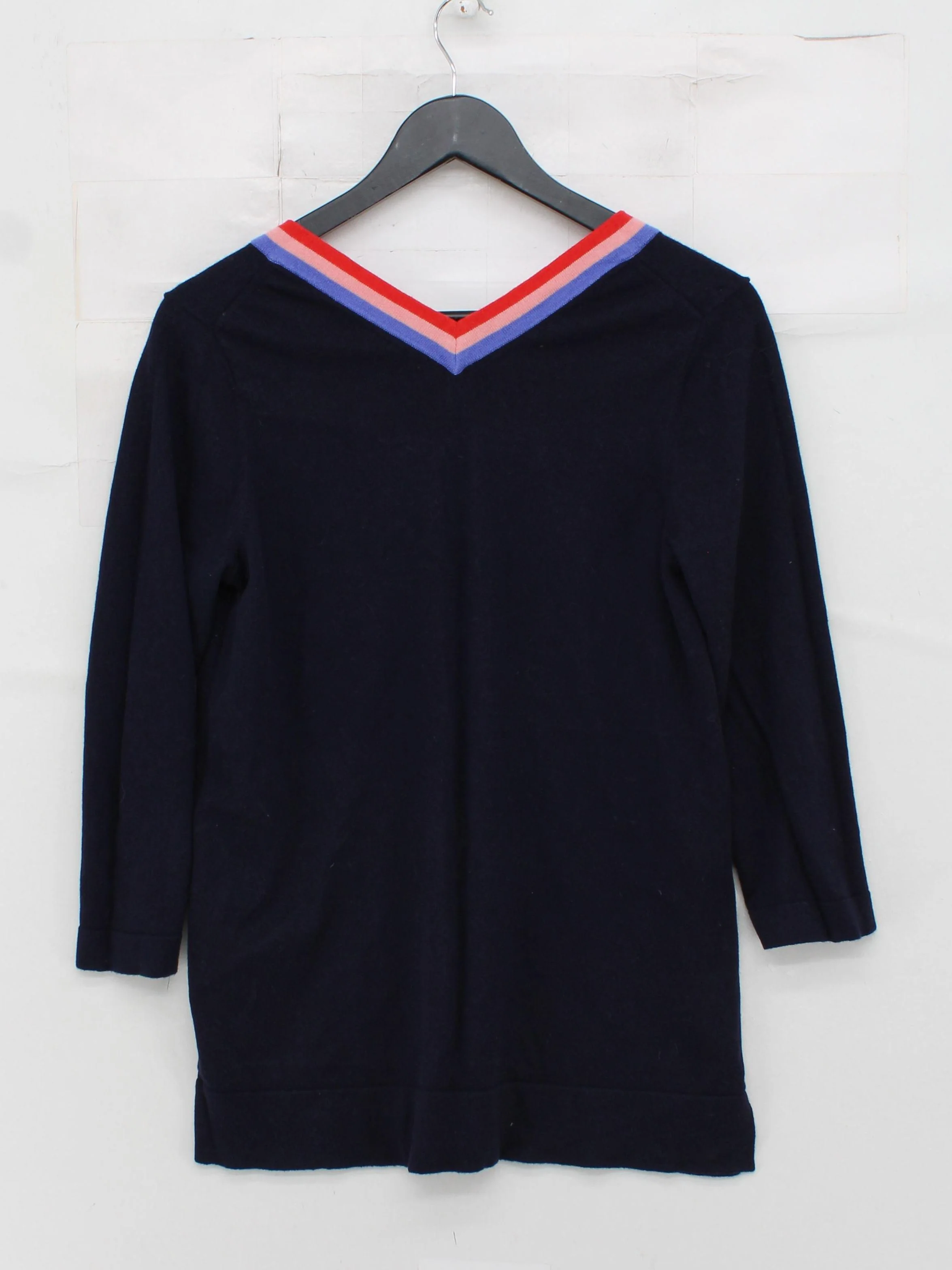Boden Women's Jumper M Blue Striped Wool with Cotton V-Neck Pullover - Image 2