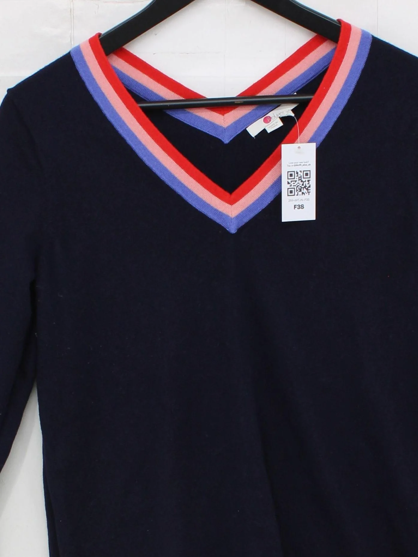 Boden Women's Jumper M Blue Striped Wool with Cotton V-Neck Pullover - Image 3