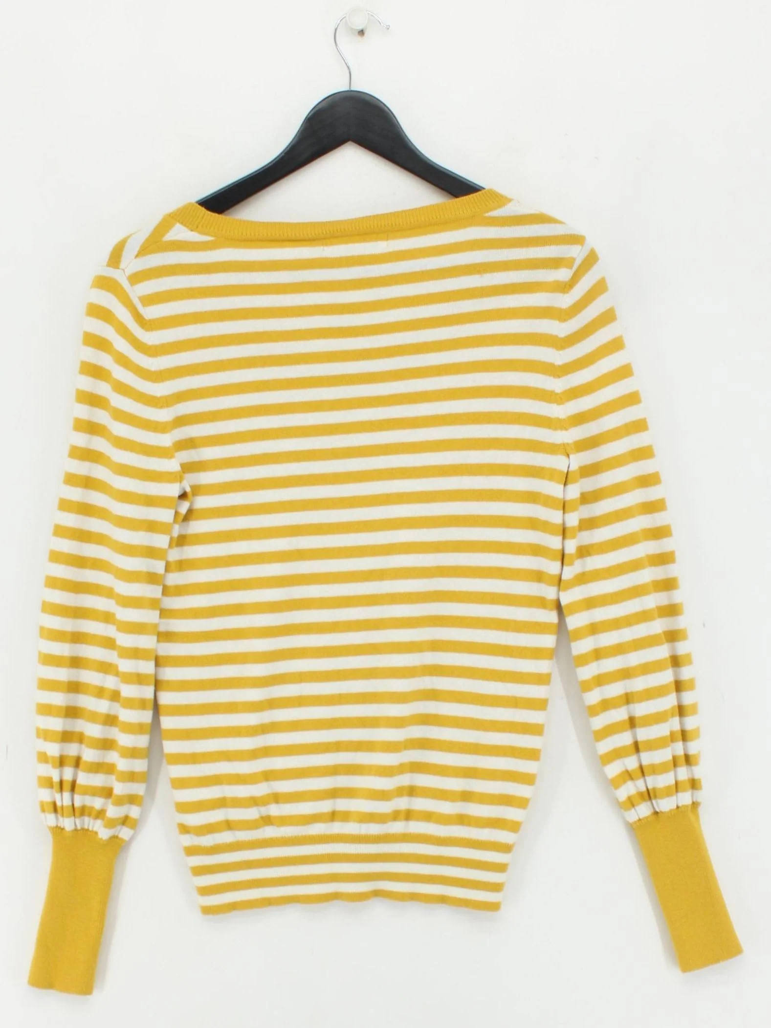 Boden Women's Jumper UK 10 Yellow Striped Cotton with Wool V-Neck Pullover - Image 2