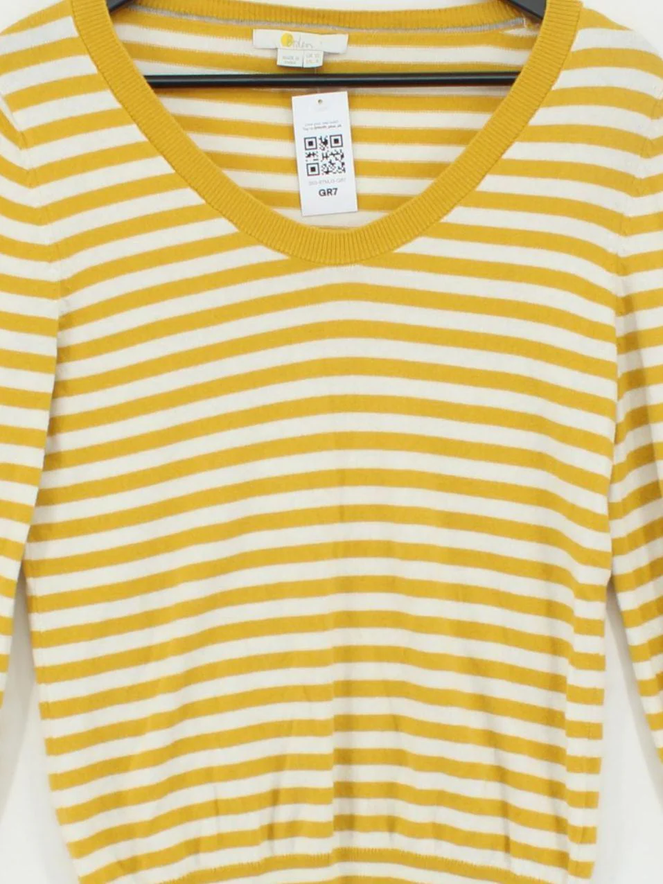 Boden Women's Jumper UK 10 Yellow Striped Cotton with Wool V-Neck Pullover - Image 3