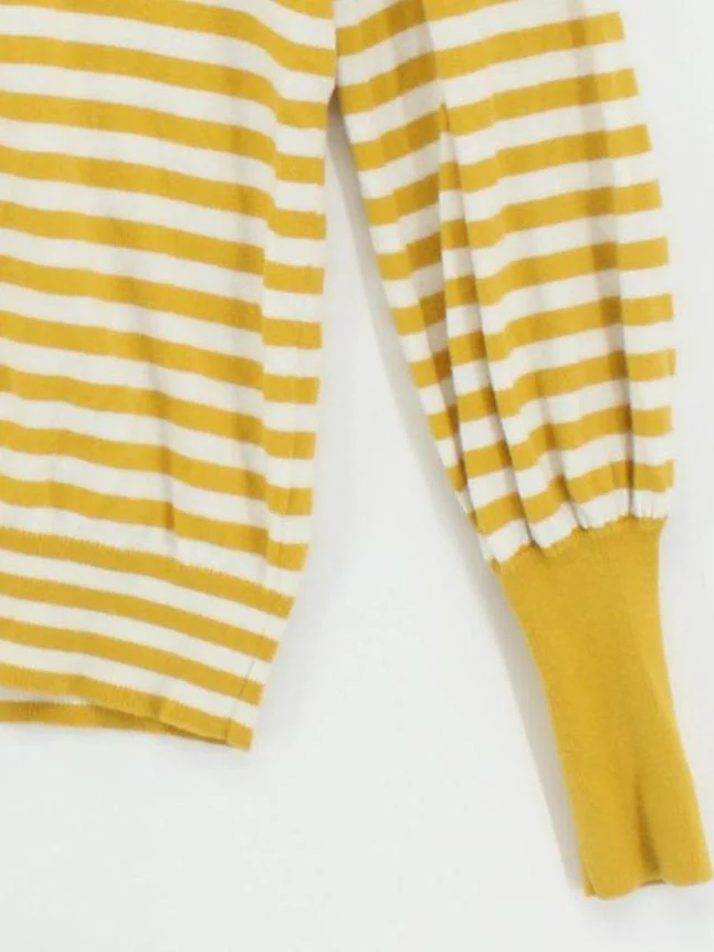Boden Women's Jumper UK 10 Yellow Striped Cotton with Wool V-Neck Pullover - Image 4