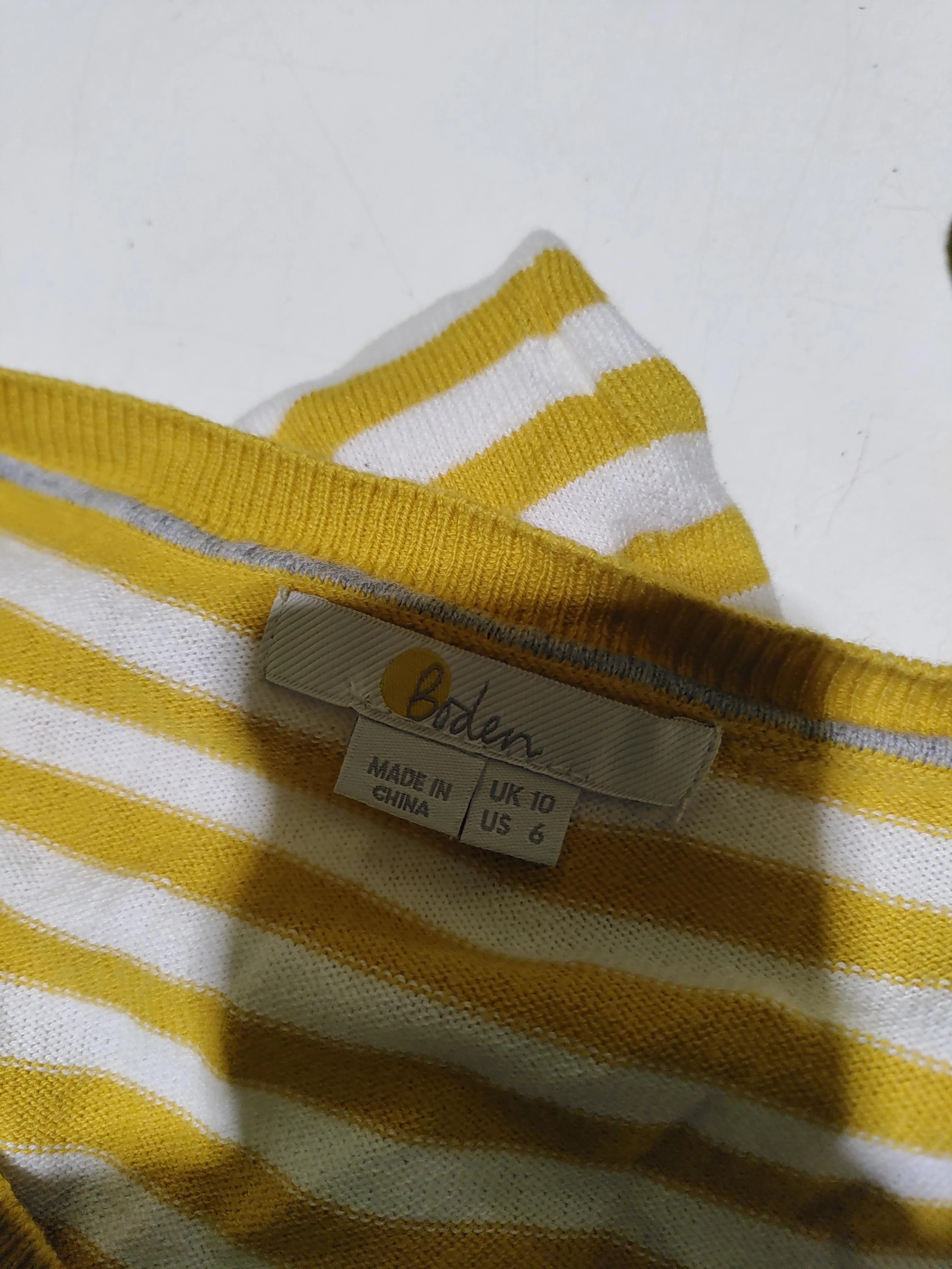 Boden Women's Jumper UK 10 Yellow Striped Cotton with Wool V-Neck Pullover - Image 5