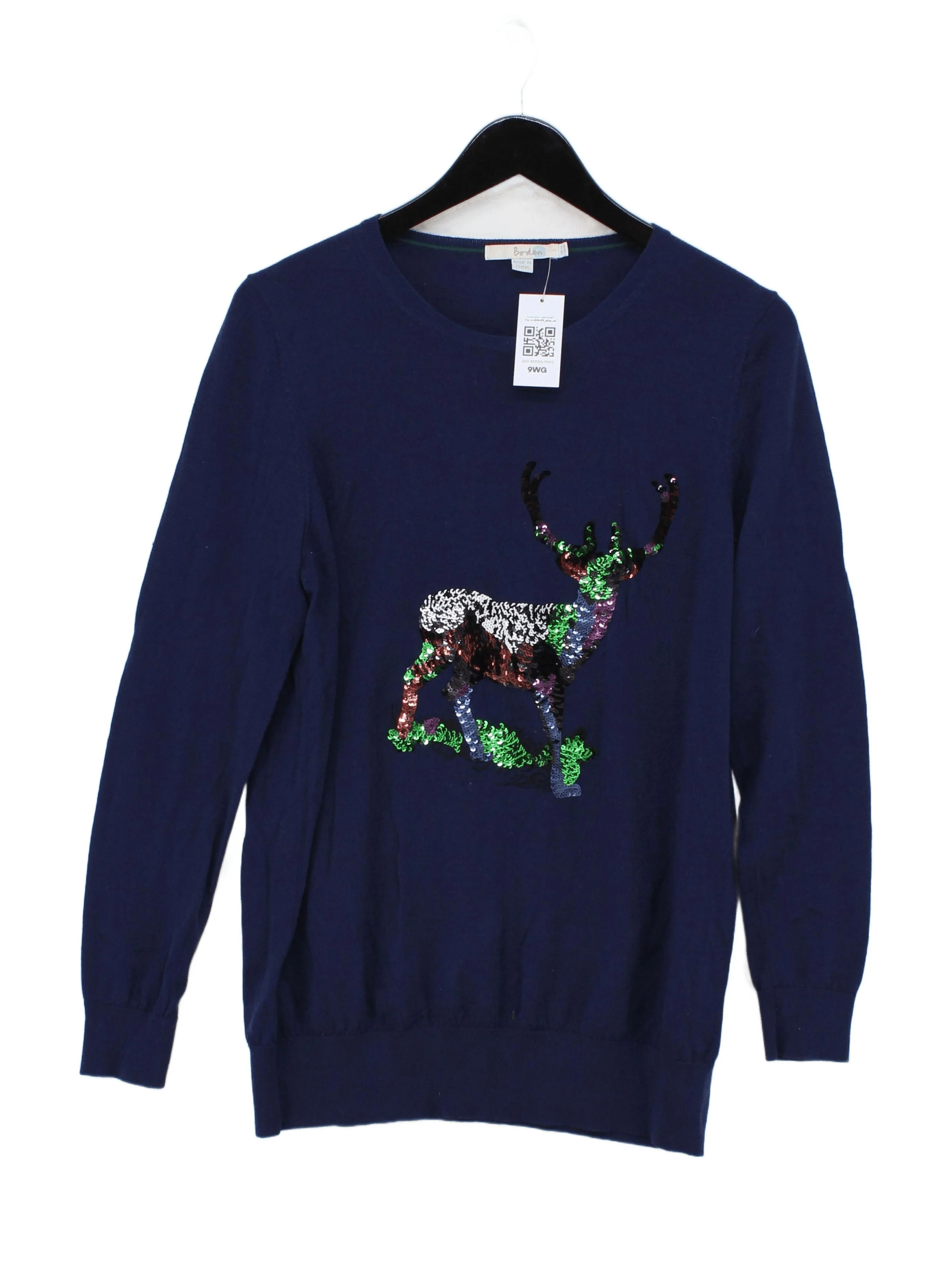 Boden Women's Jumper UK 12 Blue Graphic 100% Wool Round Neck Pullover