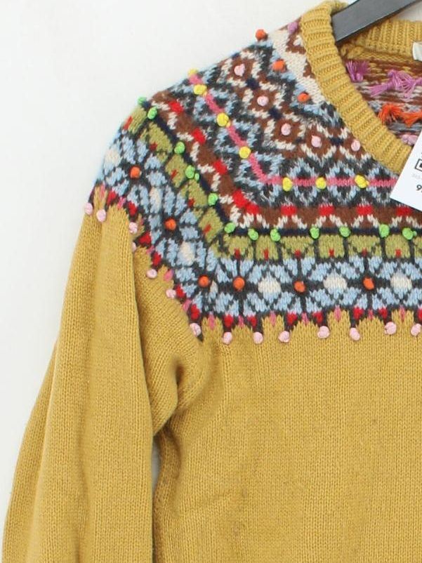 Boden Women's Jumper UK 14 Yellow Geometric Wool with Nylon Round Neck Pullover - Image 4