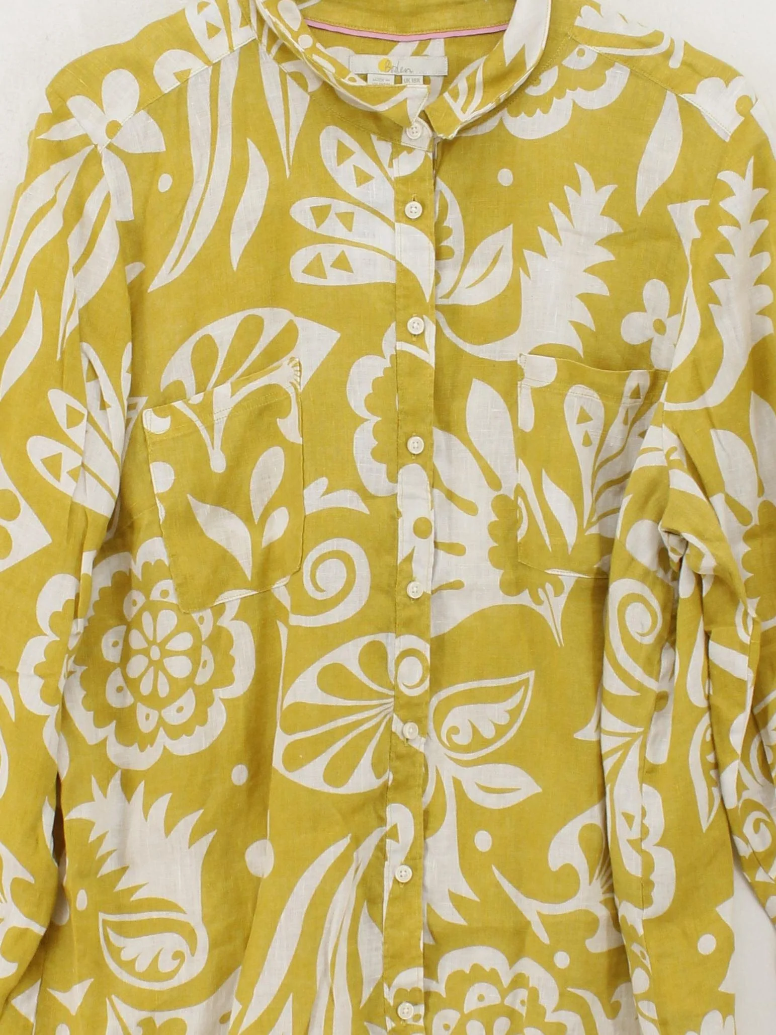 Boden Women's Shirt UK 18 Yellow Floral 100% Linen Long Sleeve Collared Basic - Image 3