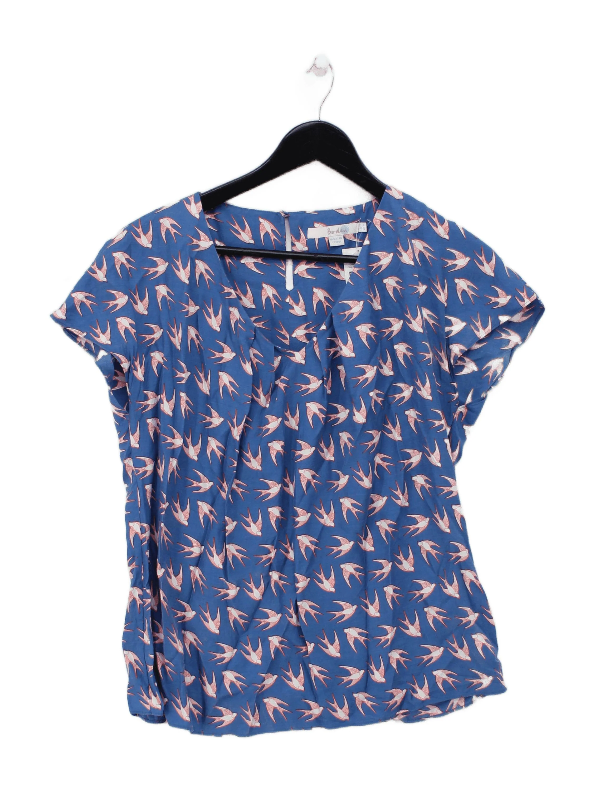 Boden Women's Top UK 12 Blue Floral Viscose with Silk Short Sleeve V-Neck Basic