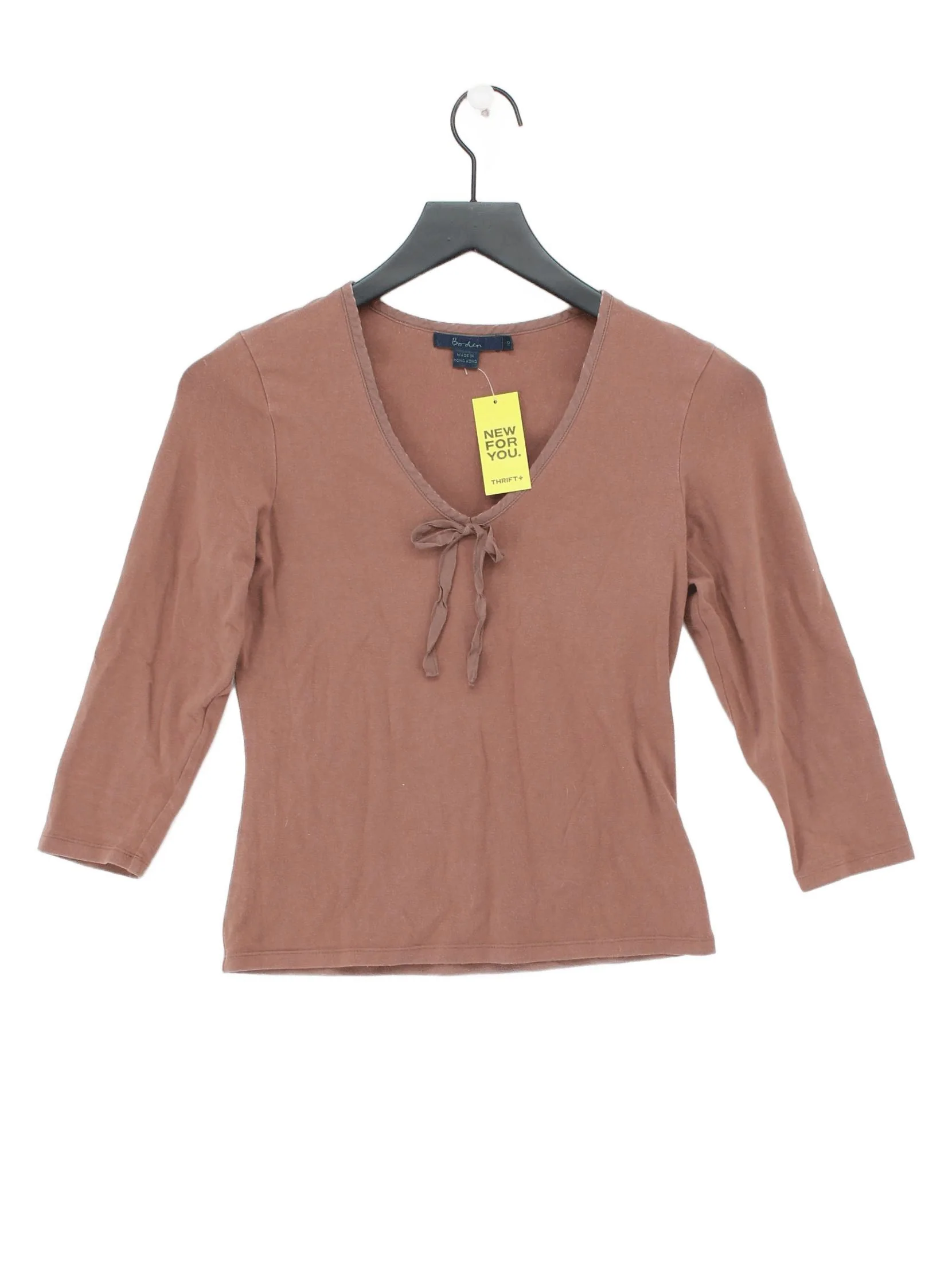 Boden Women's Top UK 12 Brown Cotton with Elastane 3/4 Sleeve V-Neck Basic