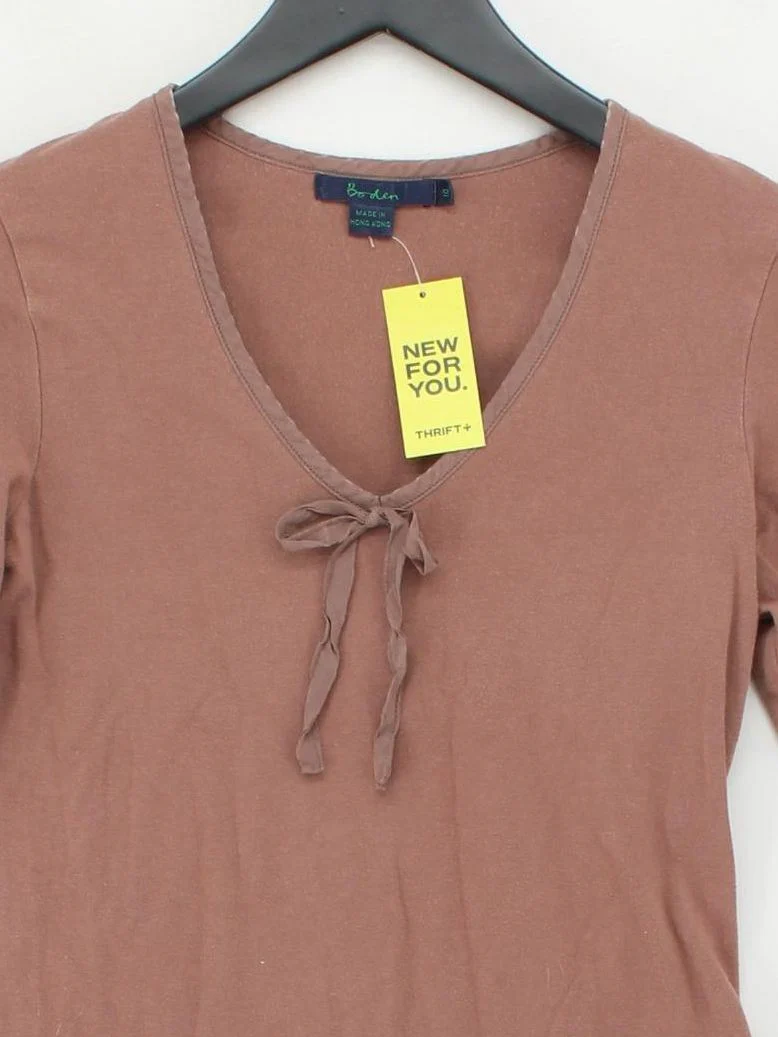 Boden Women's Top UK 12 Brown Cotton with Elastane 3/4 Sleeve V-Neck Basic - Image 3