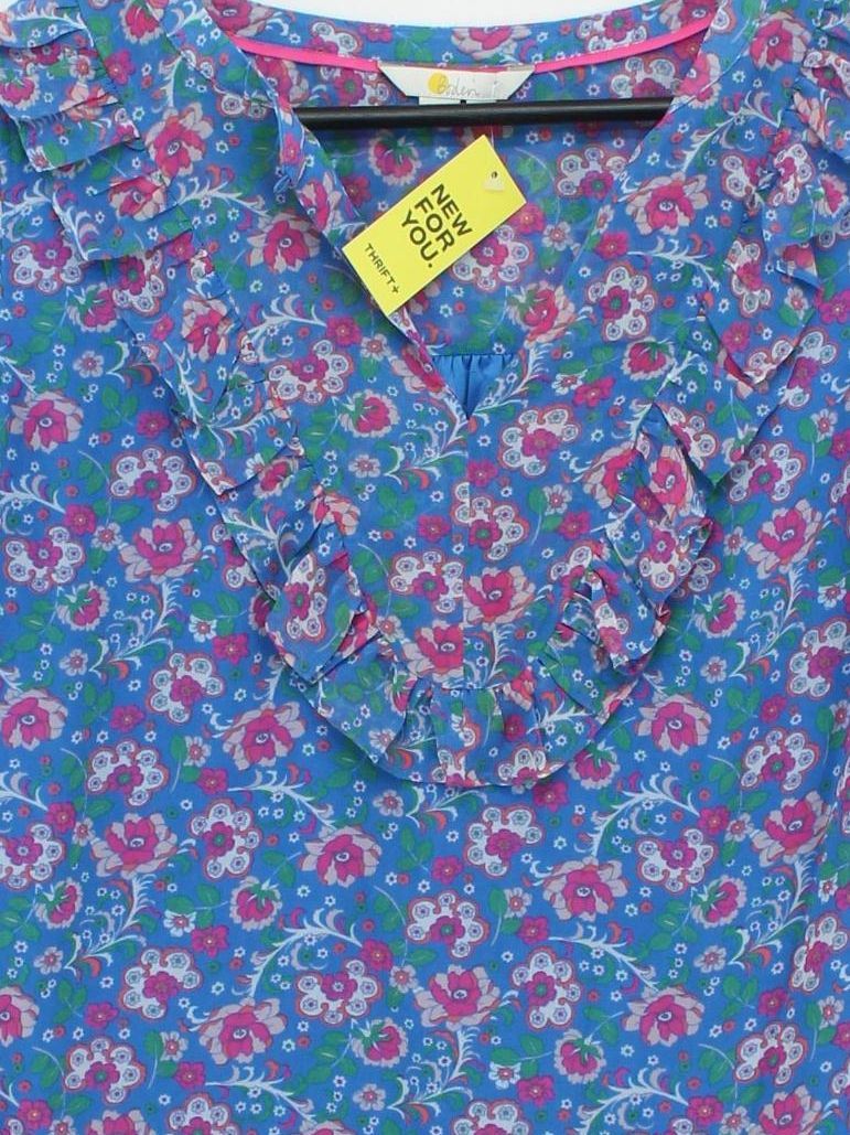 Boden Women's Top UK 14 Blue Floral 100% Polyester Sleeveless V-Neck Basic - Image 3