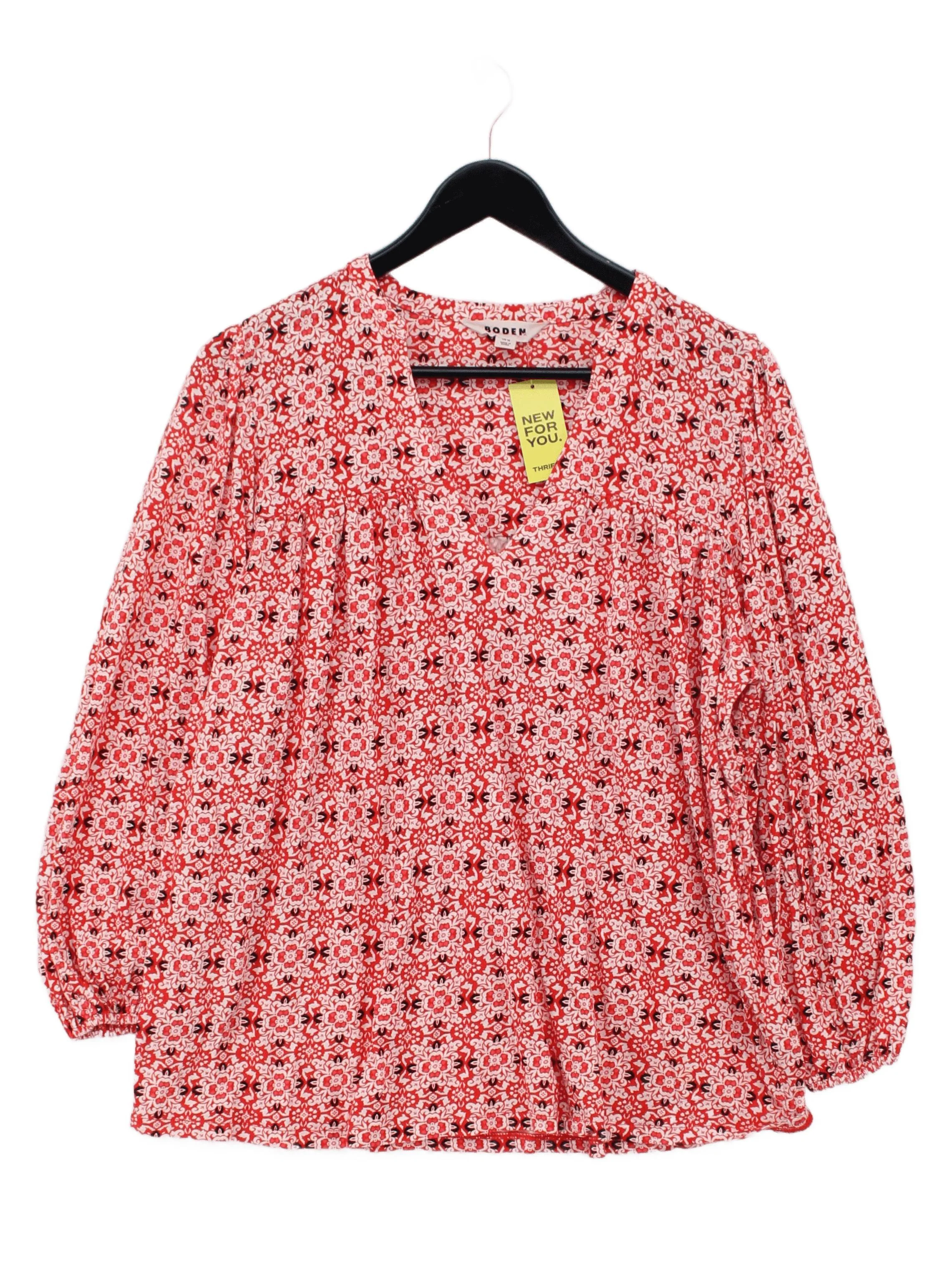 Boden Women's Top UK 16 Red Cotton with Lyocell Modal Long Sleeve V-Neck Basic