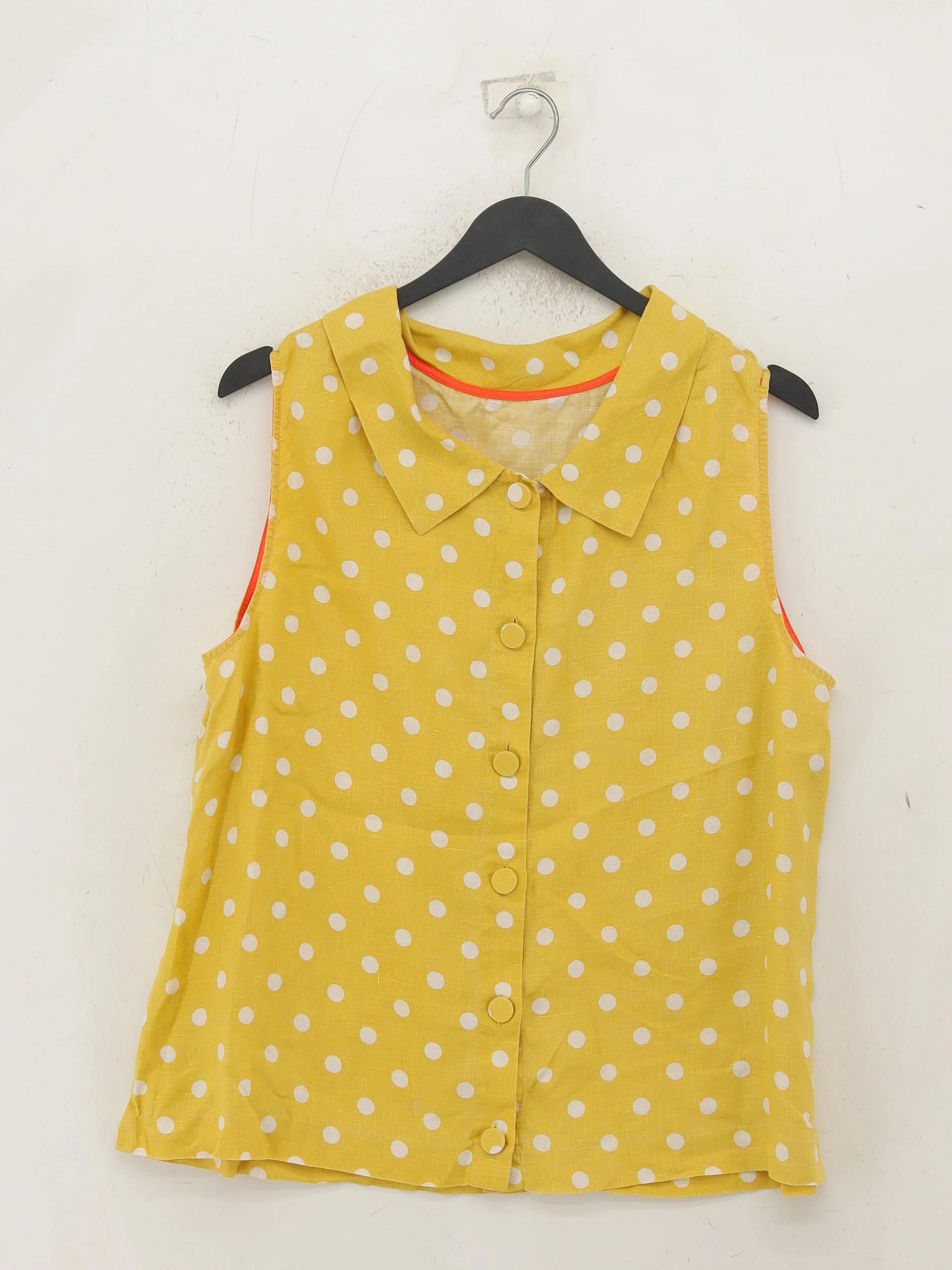 Boden Women's Top UK 16 Yellow Polkadot 100% Linen Sleeveless Collared Basic - Image 2