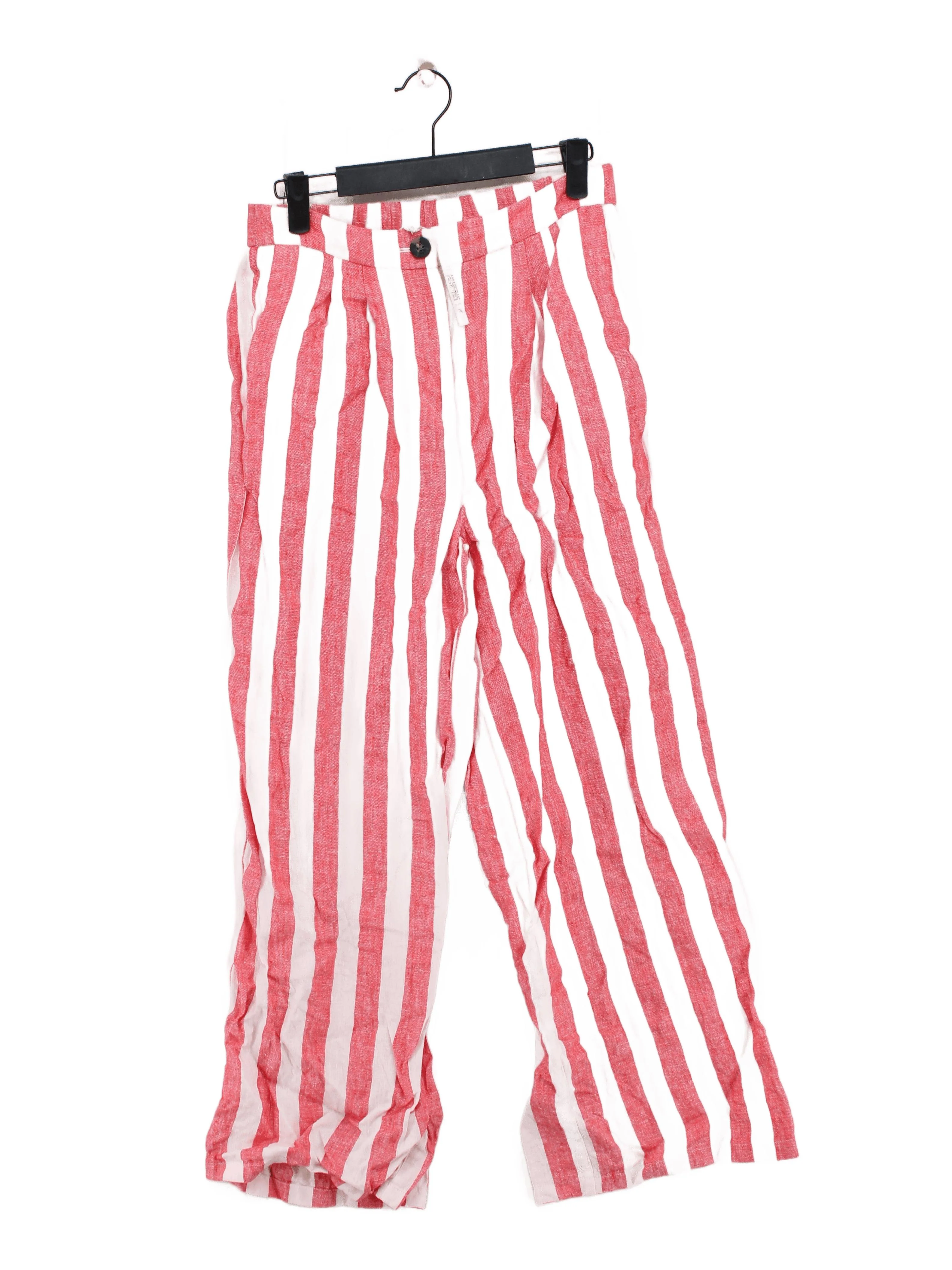 Boden Women's Trousers UK 10 Red Striped 100% Linen Wide-Leg Cropped
