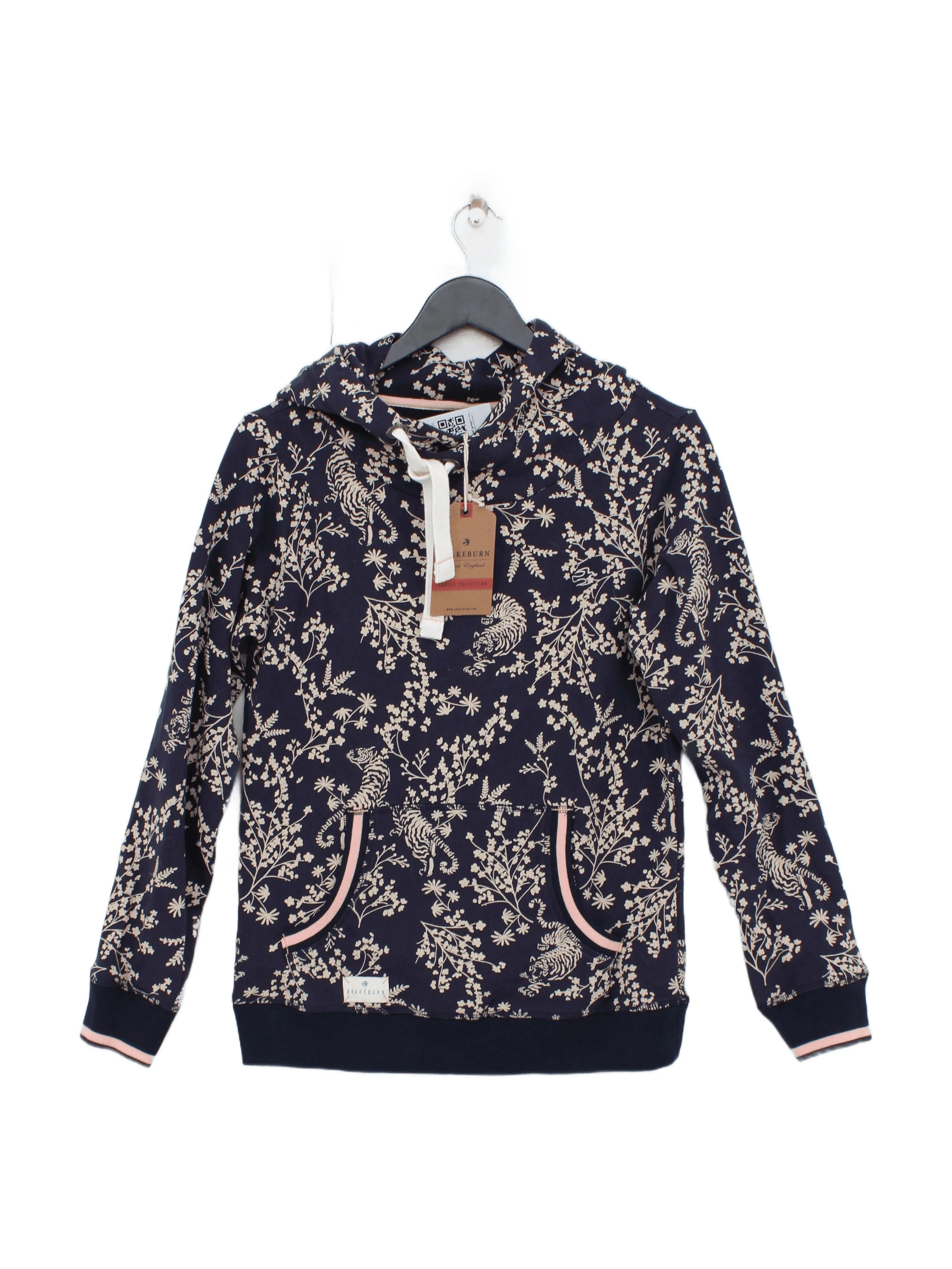 Brakeburn Women's Hoodie UK 8 Blue Floral Cotton with Polyester Pullover