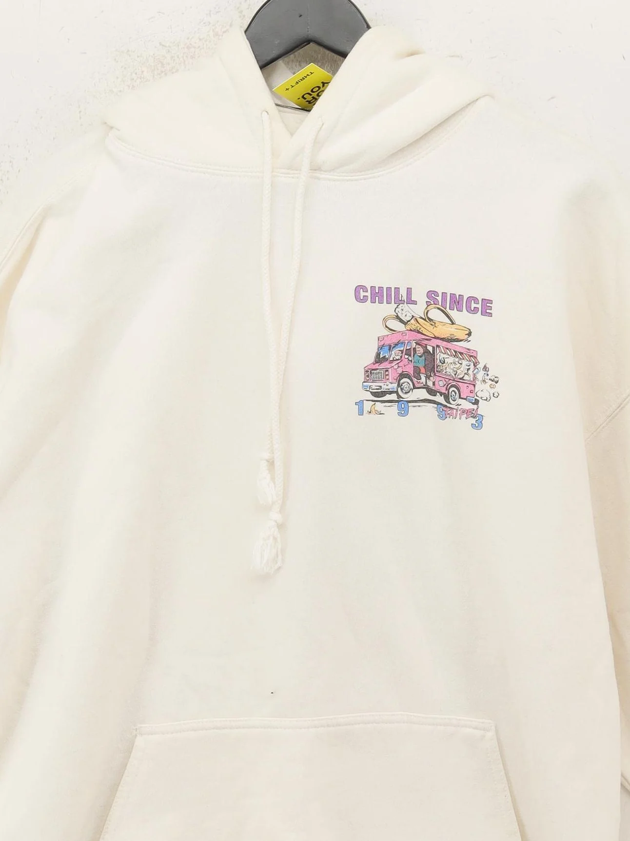 Brandy Melville Men's Hoodie L Cream Graphic Cotton with Polyester Pullover - Image 3
