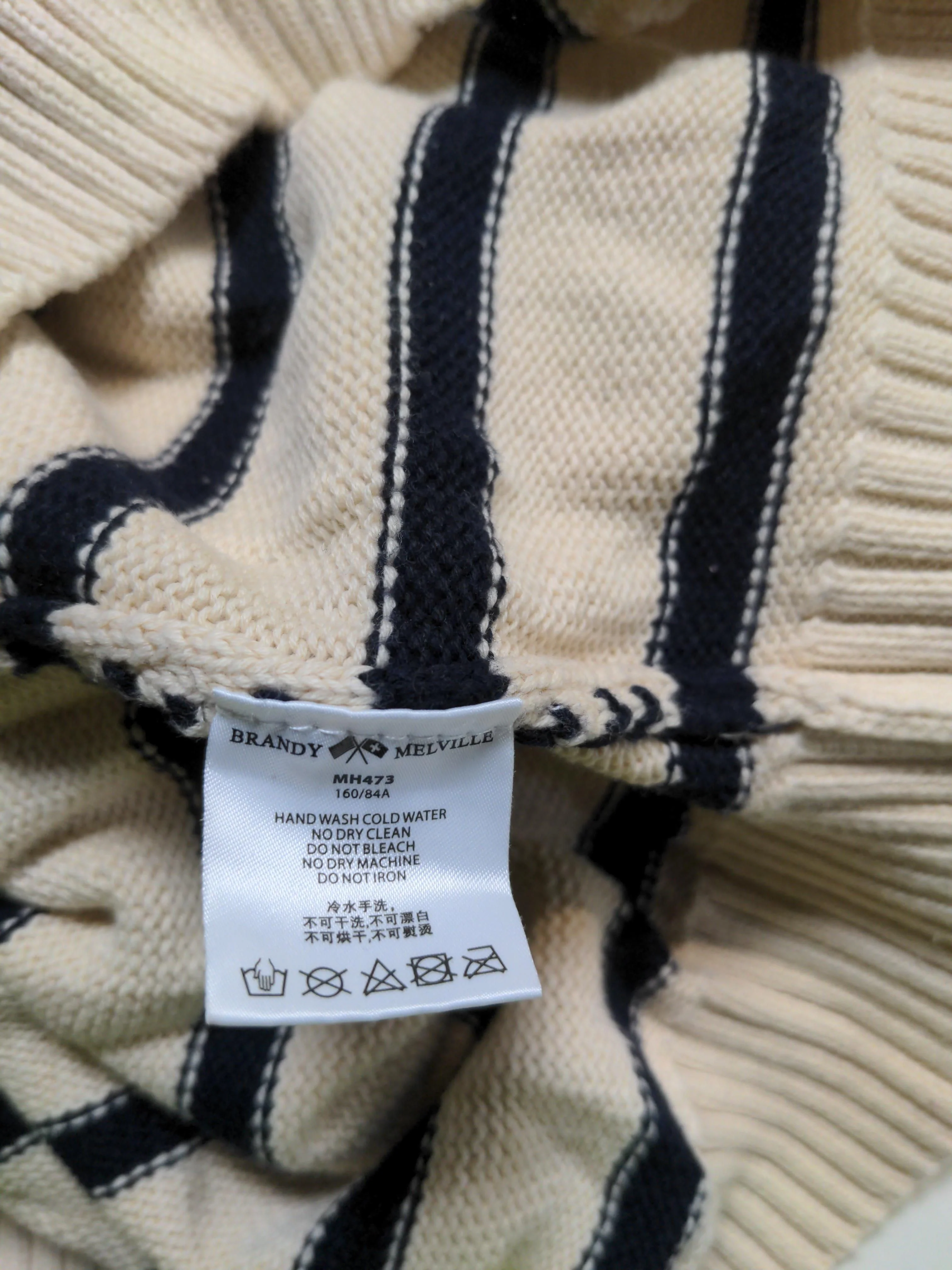 Brandy Melville Men's Jumper L Cream Striped 100% Other High Neck Pullover - Image 7