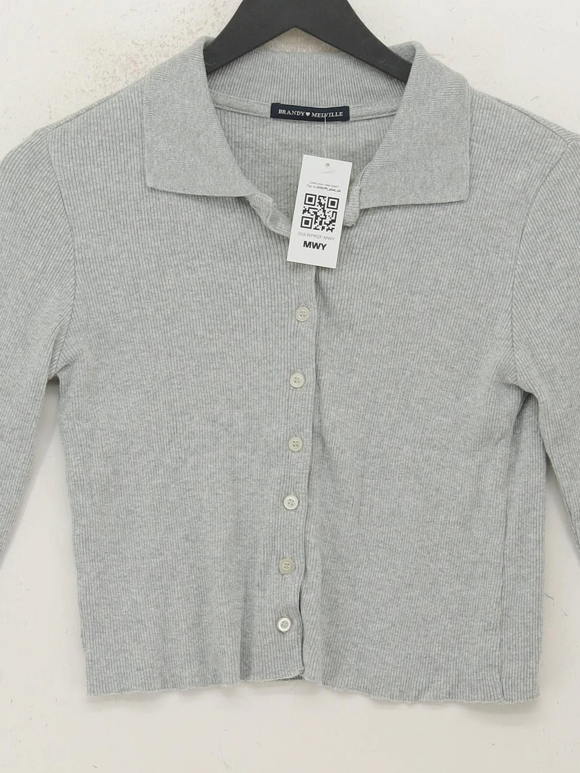 Brandy Melville Women's Top S Grey 100% Cotton Long Sleeve Collared Jersey - Image 3