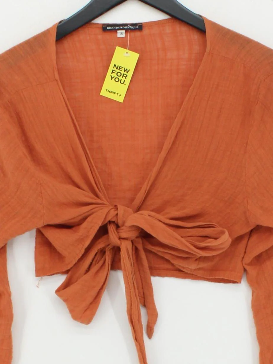 Brandy Melville Women's Top S Tan 100% Other Long Sleeve V-Neck Cropped - Image 3