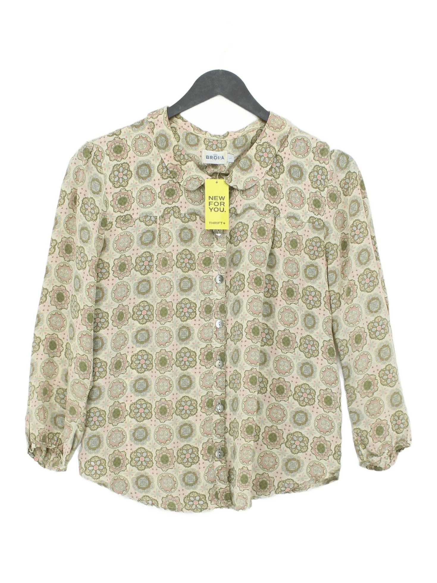 Brora Women's Blouse L Multi Floral 100% Silk 3/4 Sleeve Collared Basic