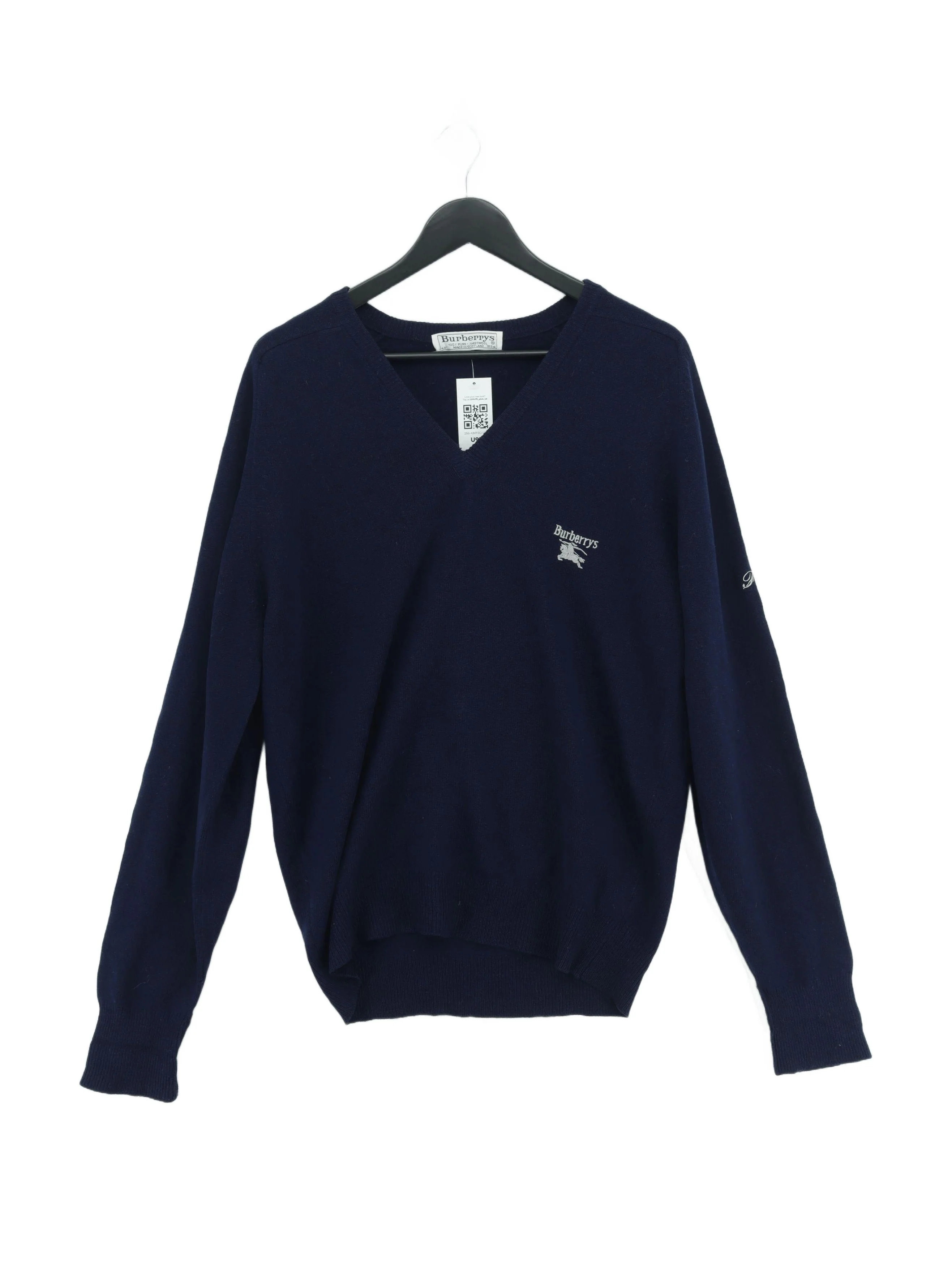 Burberry Men's Jumper Chest: 40 in Blue 100% Wool V-Neck Pullover