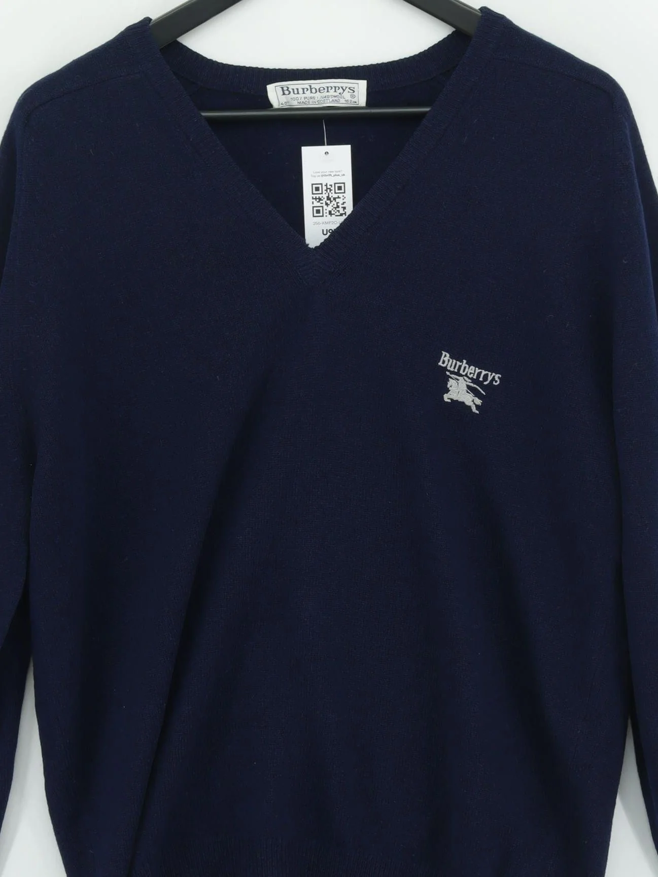 Burberry Men's Jumper Chest: 40 in Blue 100% Wool V-Neck Pullover - Image 3