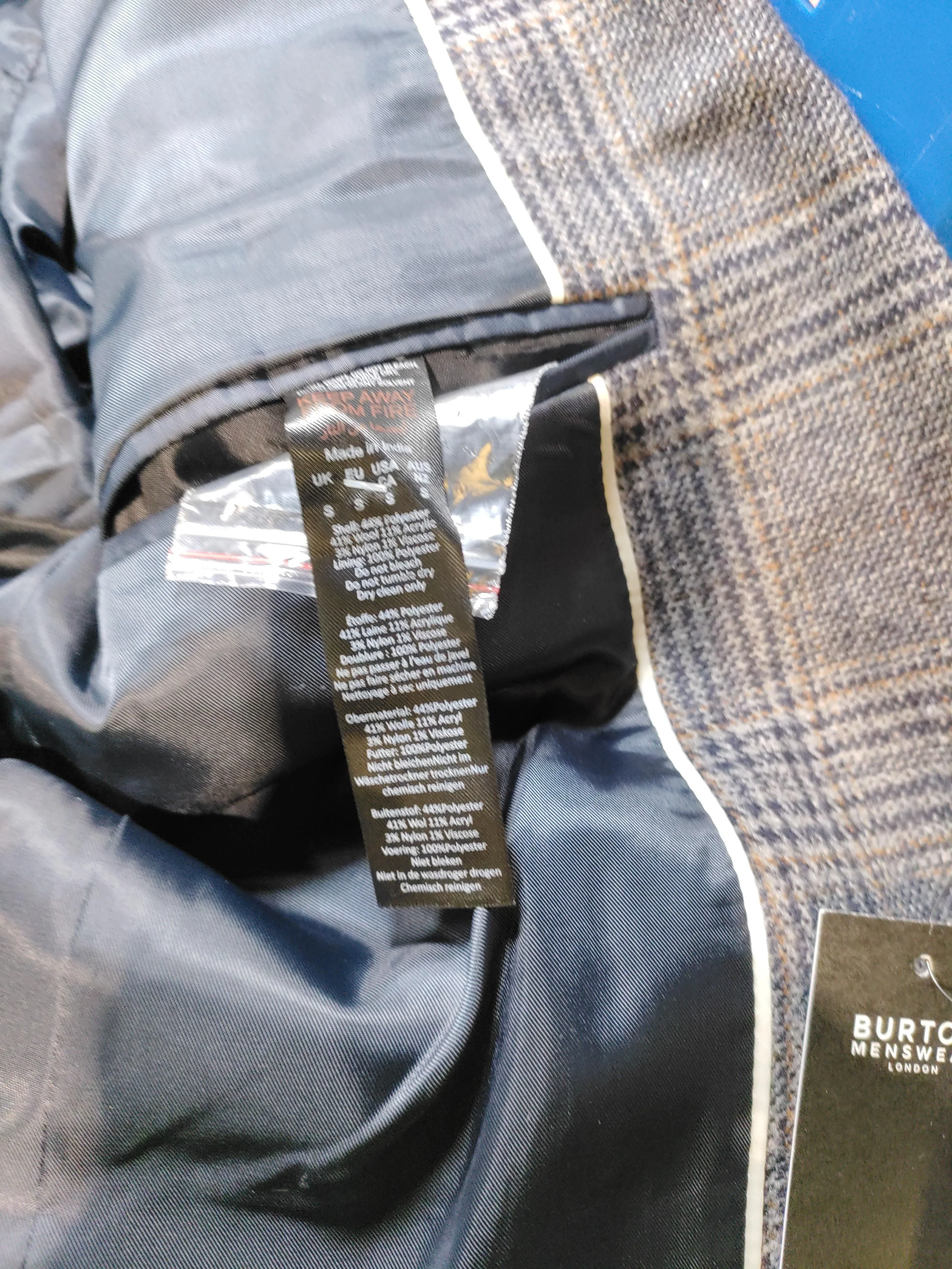 Burton Men's Blazer S Grey Checkered Polyester with Wool, Viscose Overcoat - Image 6
