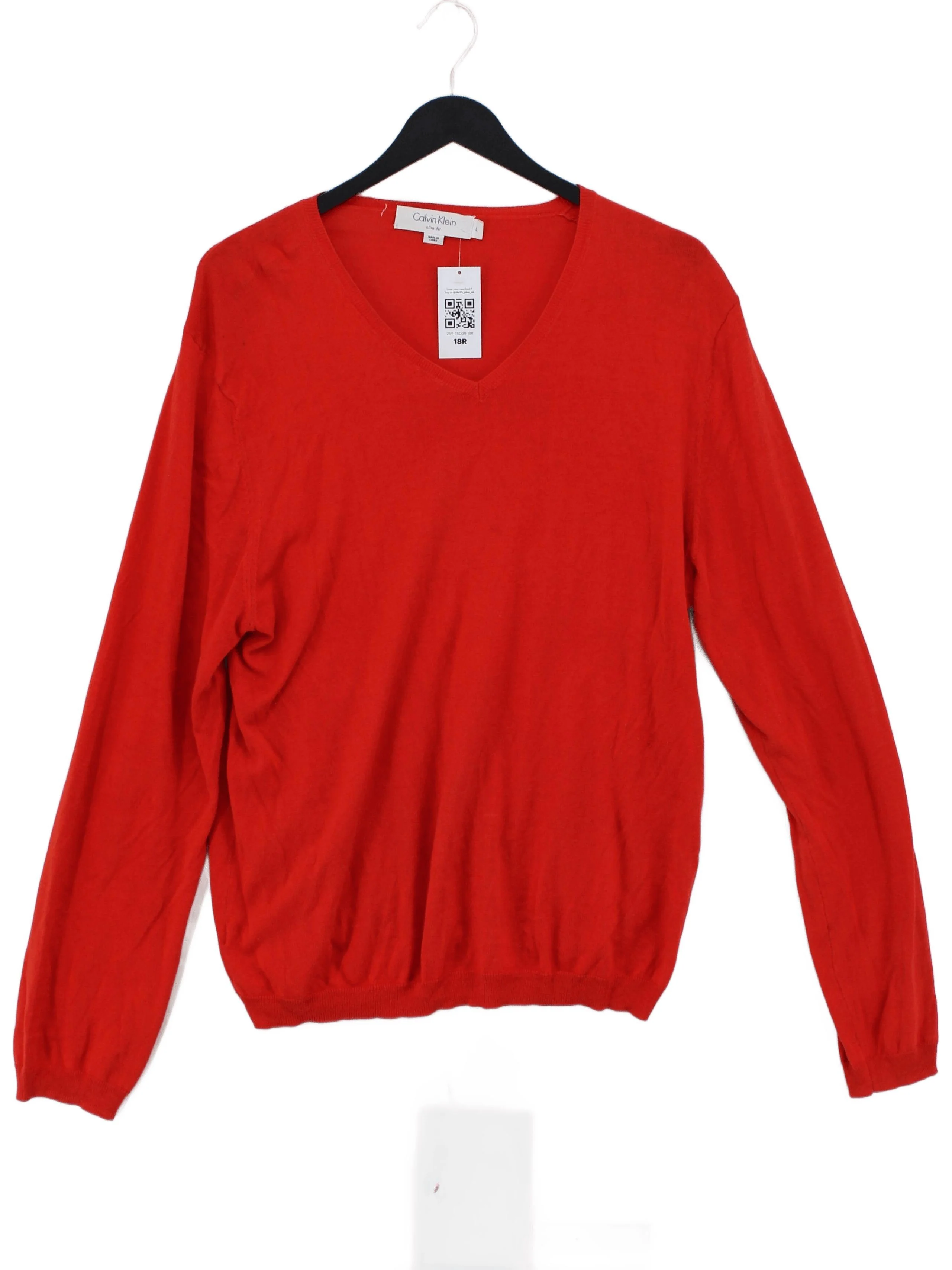 Calvin Klein Women's Jumper L Red Silk with Cotton V-Neck Pullover