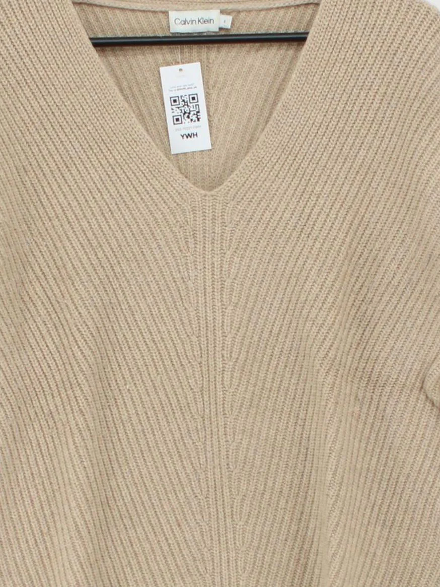 Calvin Klein Women's Jumper S Tan Wool with Polyamide, Polyester V-Neck Pullover - Image 3